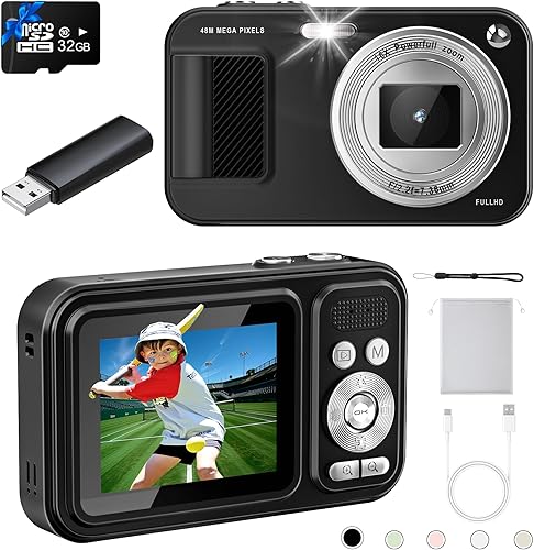Cámara Digital, Cámara de 48MP con Enfoque Automático para Niños, Cámaras Digitales FHD 1080P Point and Shoot con Tarjeta de 32GB, Zoom 16X