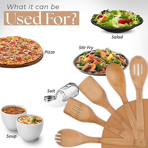 Miniatura 6 de Alpine Cuisine Juego de utensilios de bambú de 5 piezas, cucharas de madera, artículos esenciales de apartamento, espátula de madera de alta