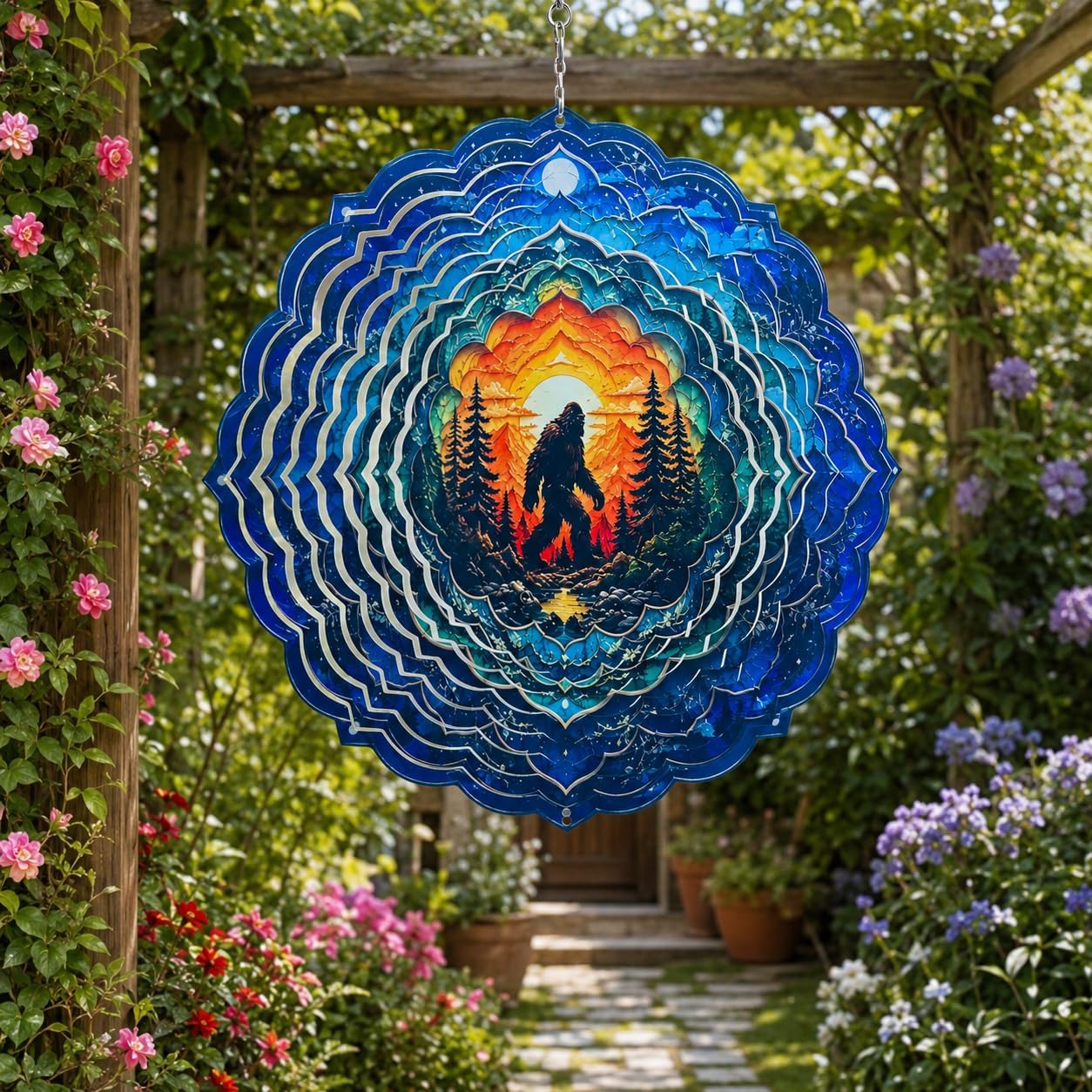 Shwing Wind Spinner 12 Inch Bigfoot Wind Spinner Hanging Wind Sculptures Sasquatch Forest Mountain Metal Ornament Outdoor Kinetic Garden Art for Patio Porch Cabin Yard Rustic Wilderness Decoratio