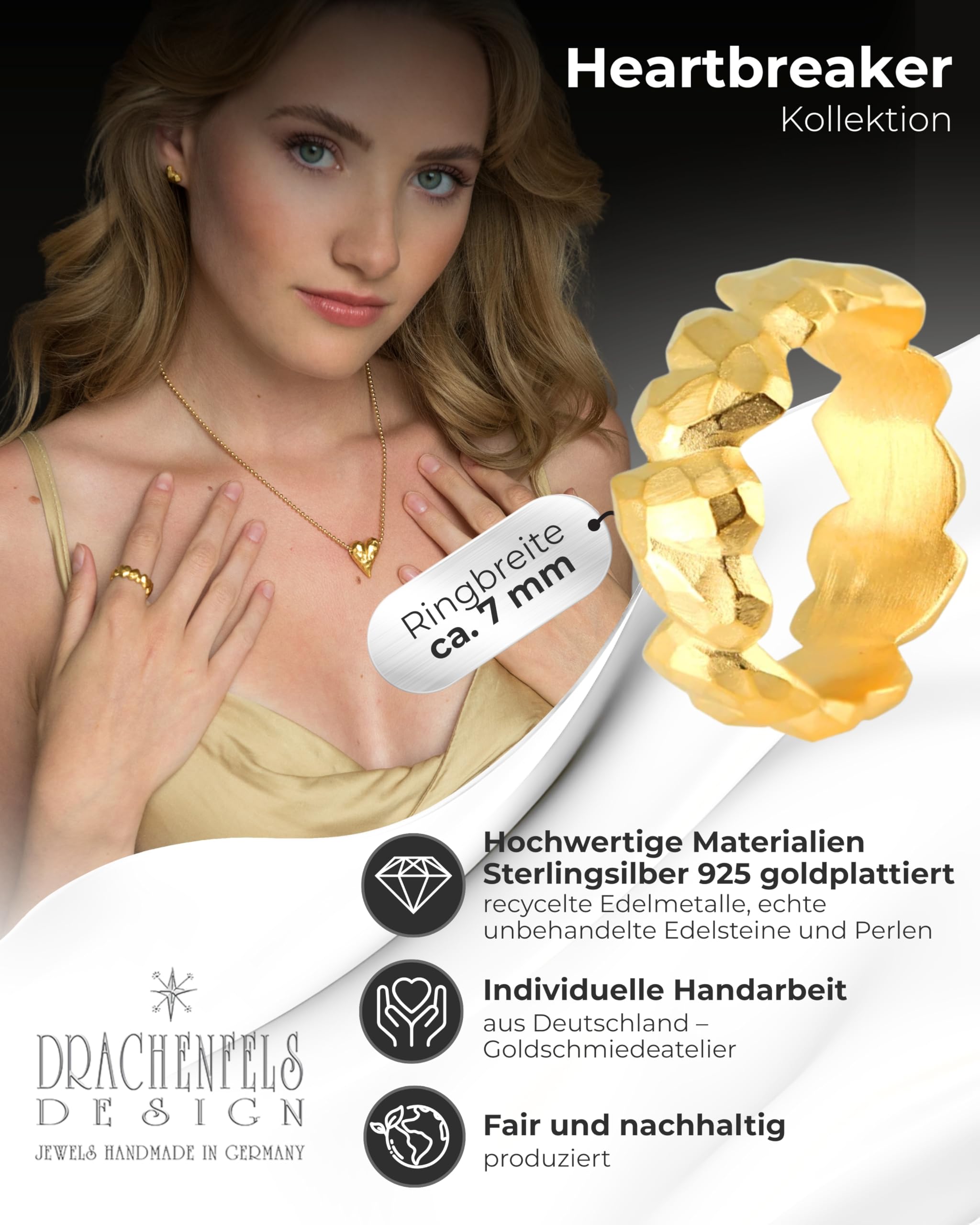 Drachenfels Herz-Ring I Größen 54–60 I Edler Damenring aus goldplattiertem 925 Sterling Silber I Nickelfreier Silberring inkl. Verpackung I In Goldschmiedequalität gefertigt I D HE 13/AGG