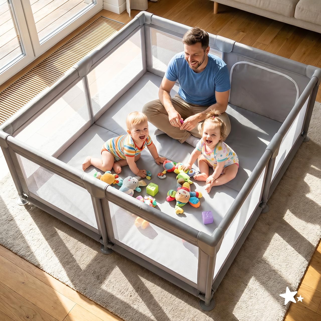 MalPlay Kojec dla niemowląt 150x180 cm dla dzieci w wieku 6-36 miesięcy, mobilny kojec dla dzieci z bokami z siatki, Laufgitter Playpen Play Pen składany, duży kojec dla niemowląt, zamek błyskawiczny