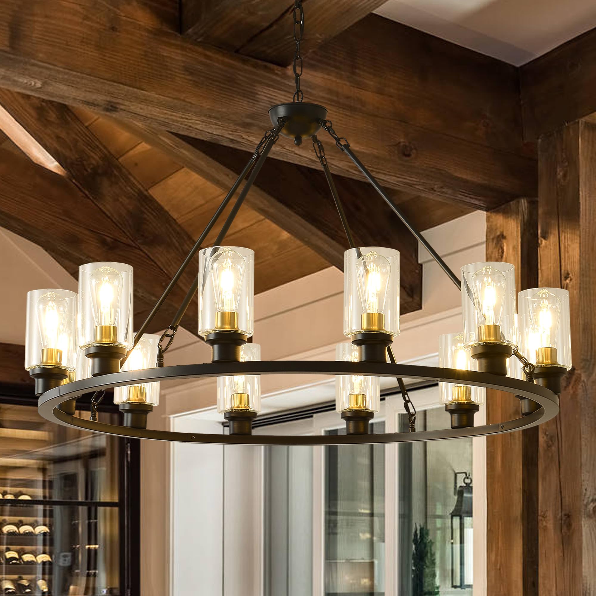 40" Large Farmhouse Black Wagon Wheel Chandelier 12 Light Rustic Wagon Wheel Light Fixture with Galss Shades Round Industrial Ceiling Hanging Pendant