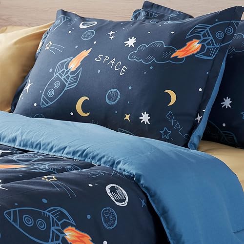 Miniatura 2 de SLEEP ZONE Juego de edredón de 2 piezas para niños y niñas, resistente a la decoloración, lavable a máquina, cohete espacial