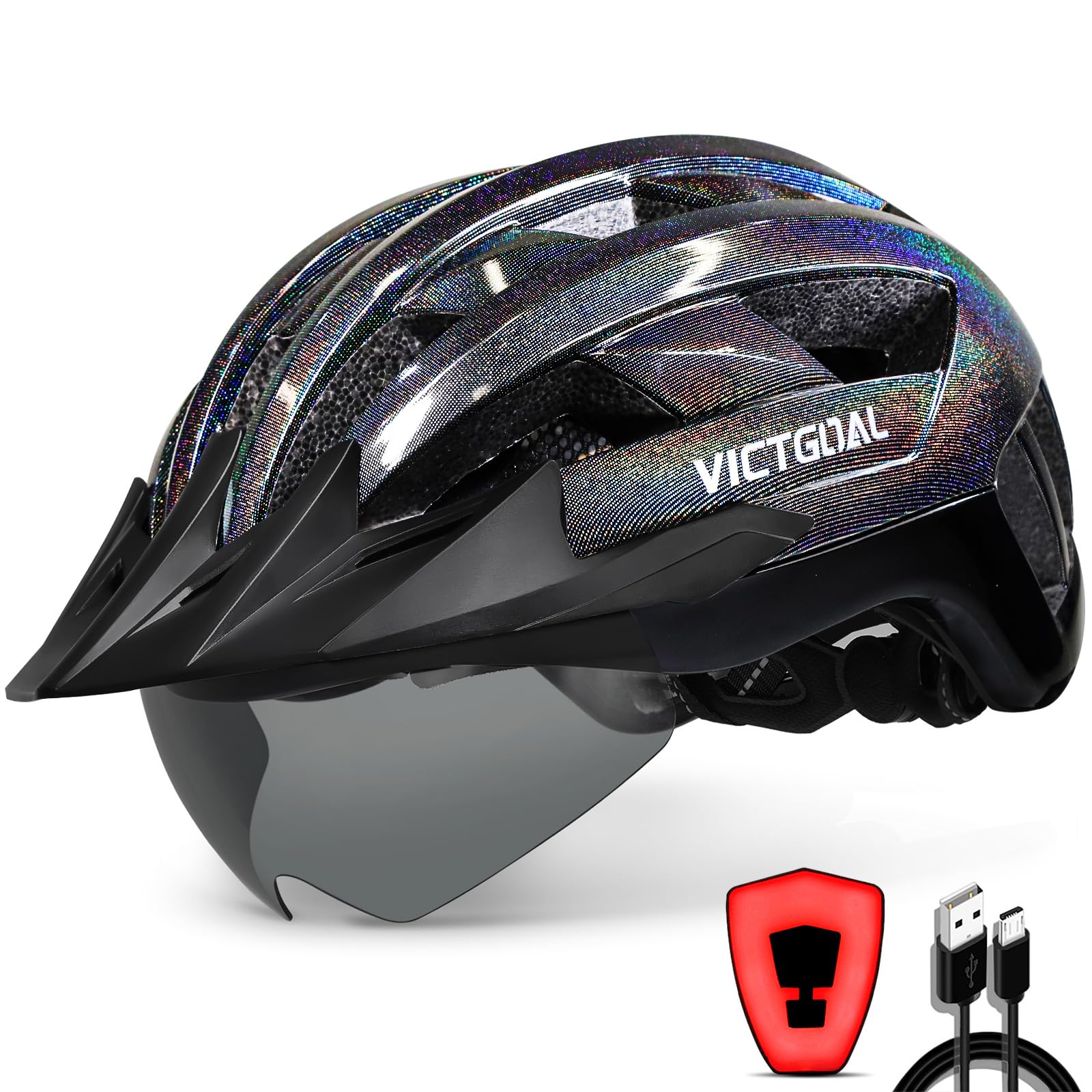 VICTGOAL Fahrradhelm Herren Damen MTB Helm mit Abnehmbarer Magnetische Schutzbrille Visier Atmungsaktiv mit 21 Belüftungskanäle Radhelm Einstellbare Fahrradhelme (Glitzer Schwarz, L: 57-61cm)