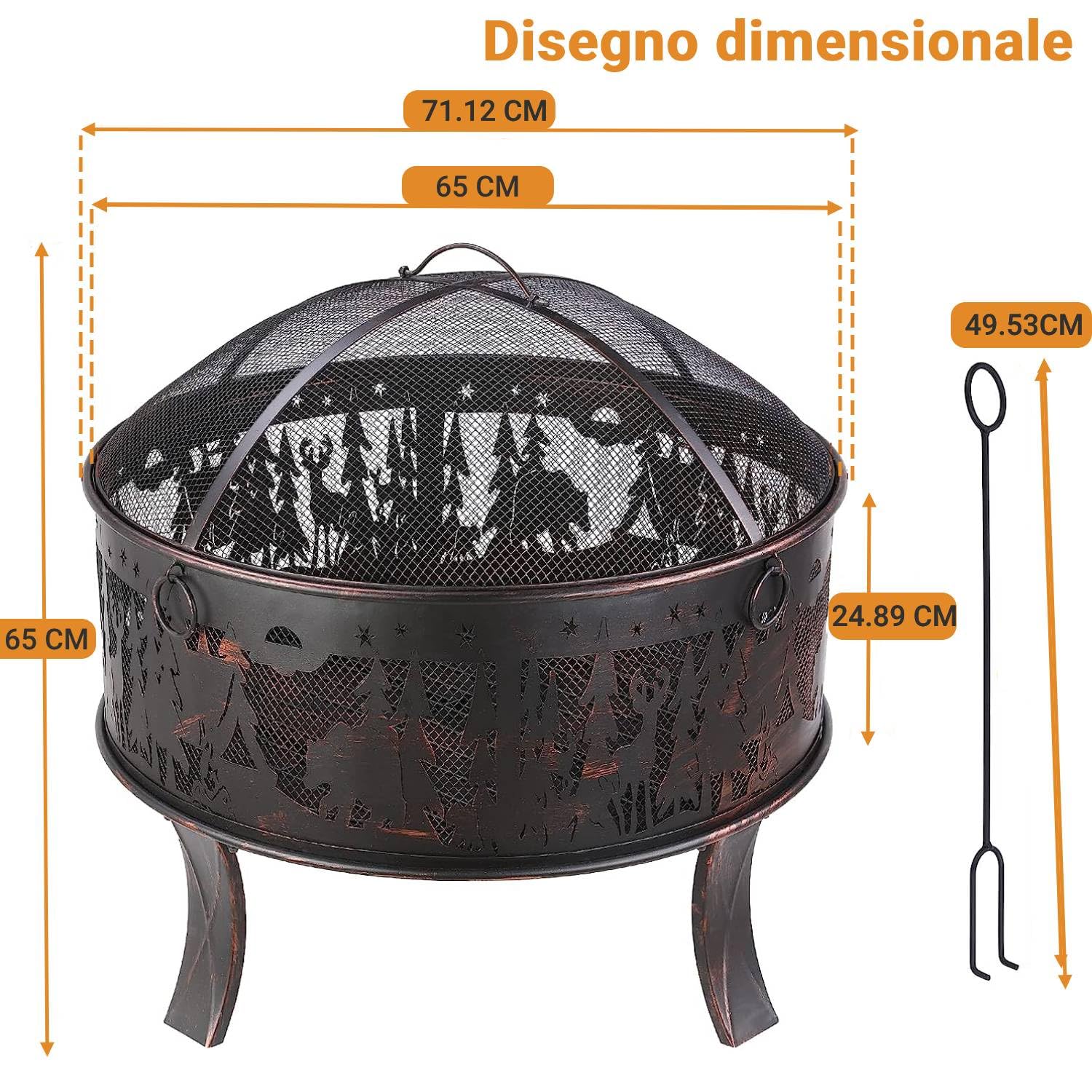 TLGREEN Braciere da giardino, braciere da Esterno con parascintille, stabile, fire pit 71 x 65 cm, con griglia per poker, 4 PCS piede, campeggio, spiaggia, tetto, look retrò, squisito motivo alce