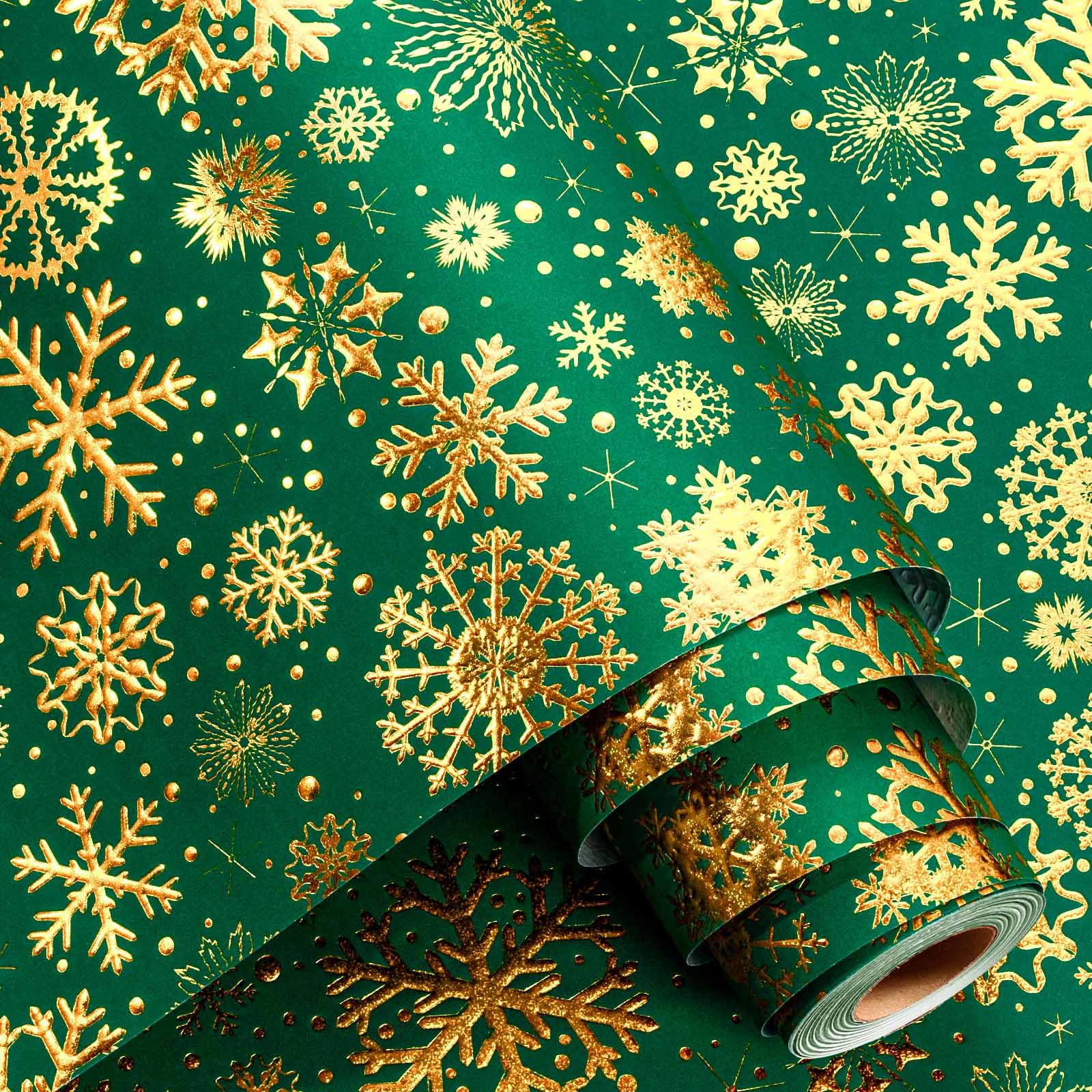 Yarcony Christmas Wrapping Paper Roll, Green & Gold Snowflakes Gift Wrapping Paper, Embossed Neutral Snowflake Winter Holiday Gift Wrap for Festive Gift, Christmas Party (Mini Roll, 17 Inch X 33 Feet) — image 1
