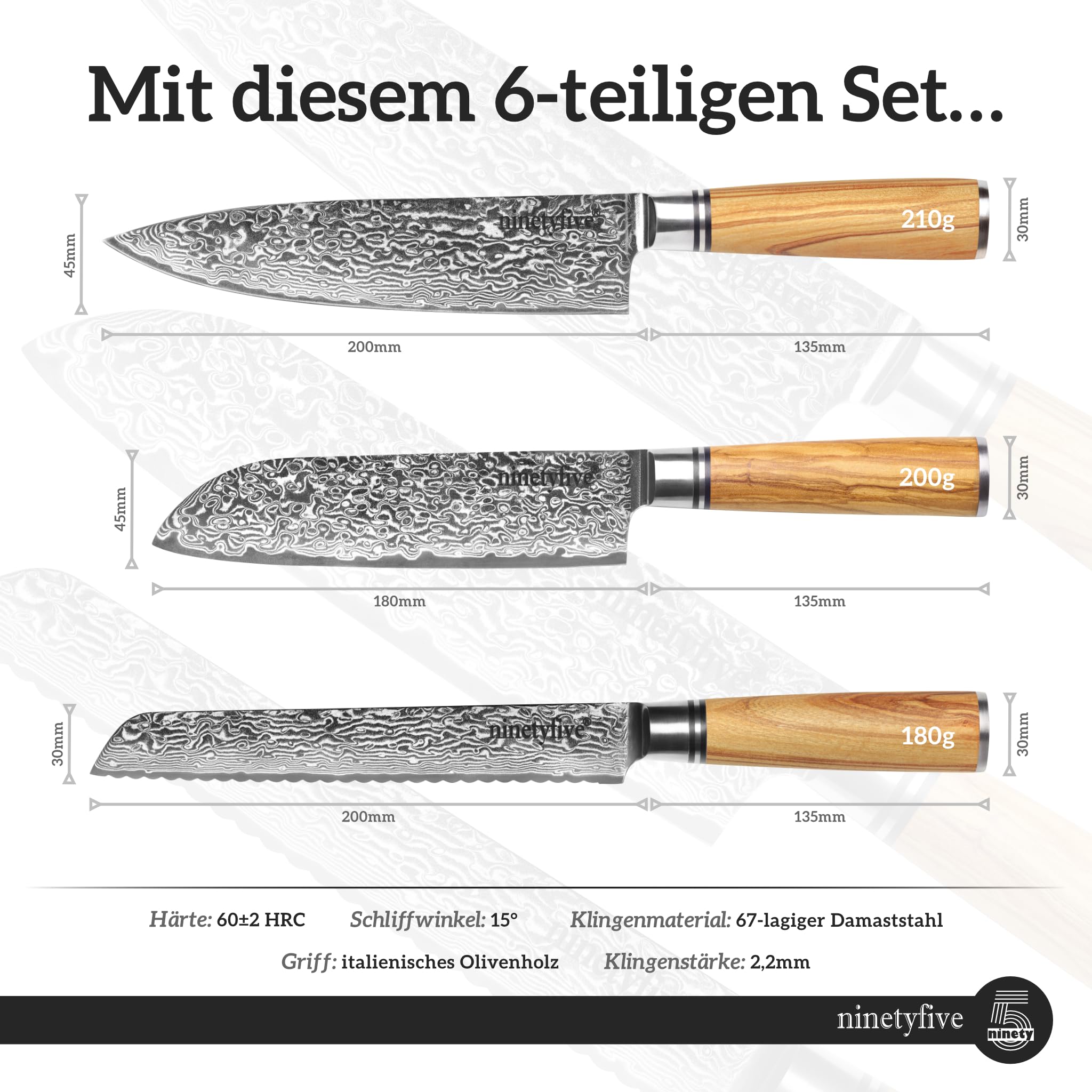ninetyfive® hochwertiges 6 teiliges Damastmesser Set mit edler Geschenkbox aus Holz | extrem scharfe Küchenmesser mit Echtholzgriff | Küchenmesser Damast | Messerset | Messer damast