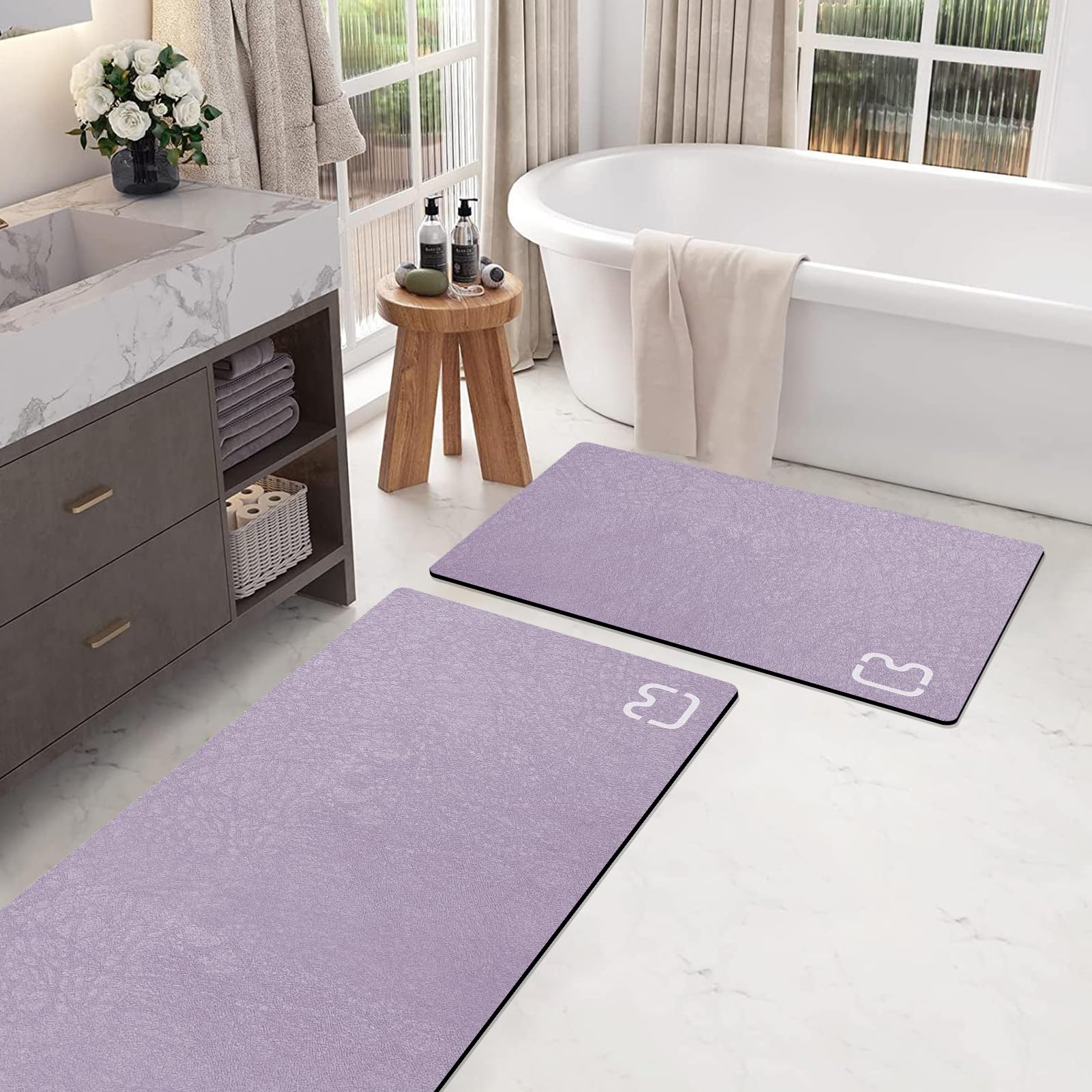 2 Piece Bathroom Rugs Mat Set - Quick Dry Diatomaceous Earth Bath Mat for Bathroom Non-Slip Bath Rug with Rubber Backing, Absorbent Bath Mat Thin Bath
