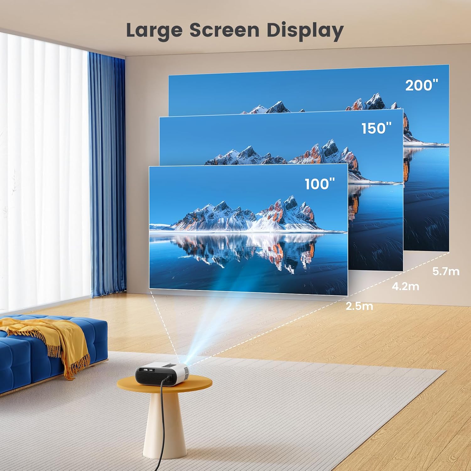 Diagram showing the TOPTRO TR26 projecting large screen sizes: 100, 150, and 200 inches