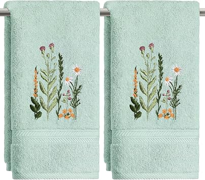 Artoid Mode 2 Pcs Pale Green Wildflower Floral Embroidered Hand Towels for Bathroom, Cotton Soft Absorbent Farmhouse Decor Towels, 13.7 x 29.5 Inch