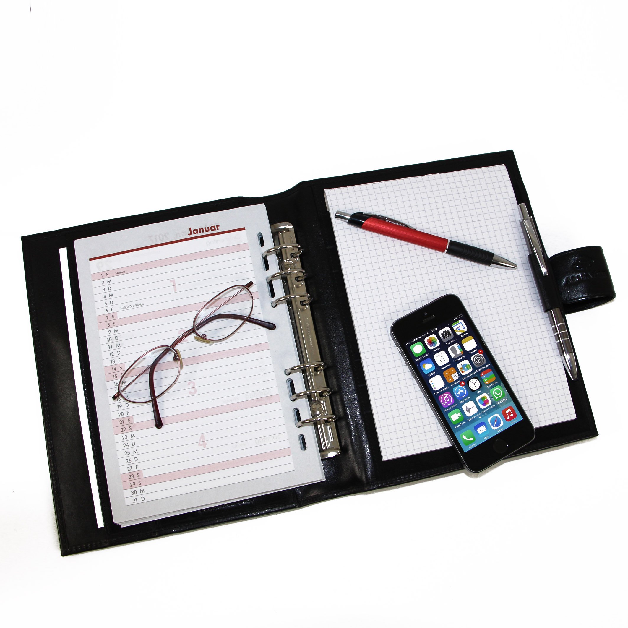 ALMADIH Agenda in pelle A5 Portadocumenti Calendario 2025 Nero Cartella Portablocco Organizer Porta Documenti Conferenza Anelli + Block Notes Cartellina Organizzatore Carpetta