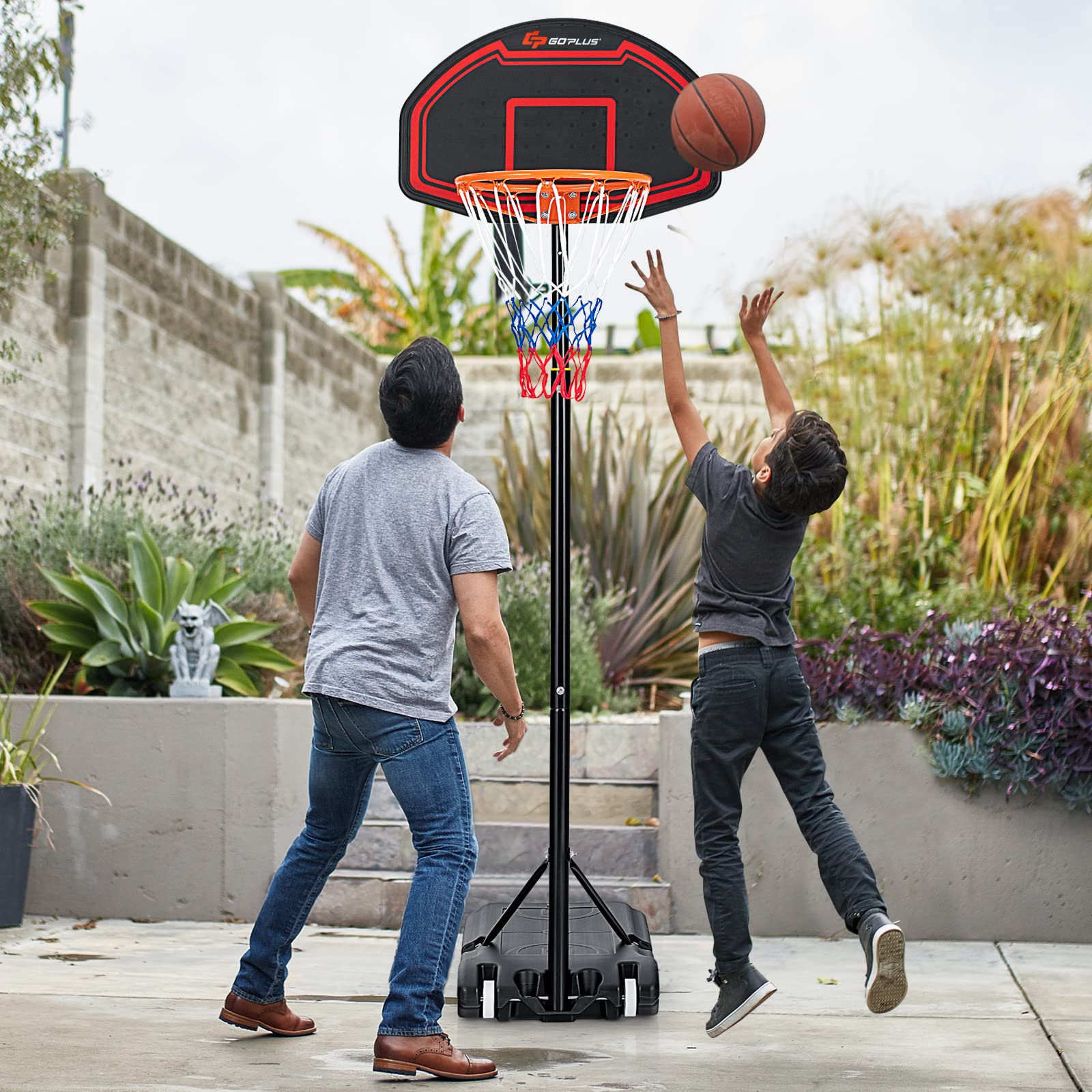 COSTWAY Canestro da Basket Bambini da Esterno, Canestro da Basket Regolabile in 5 Altezze e Portatile con Rete Durevole e Tabellone Infrangibile, 44,5 x 73,5 x 155-210 cm
