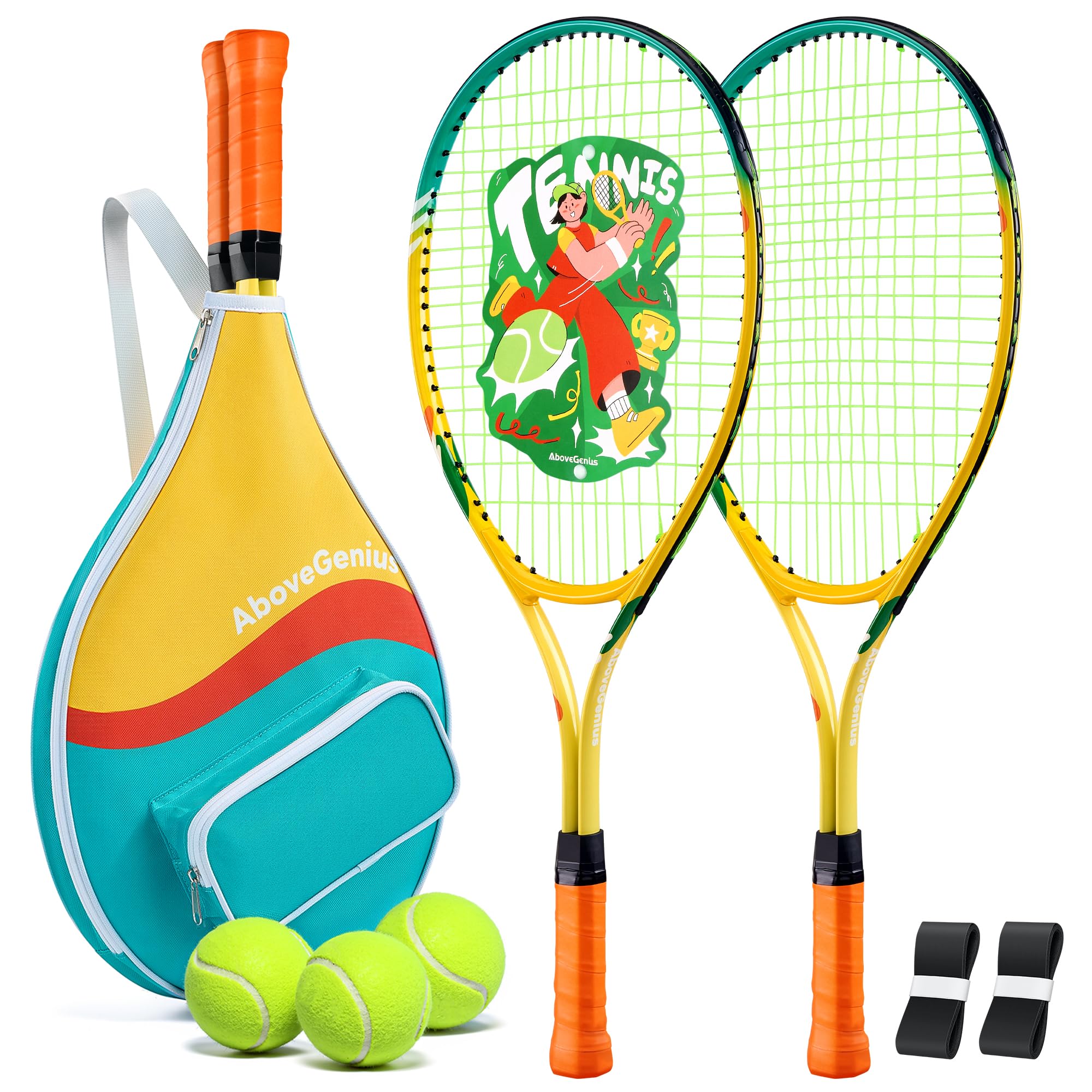 AboveGenius Kids Tennis Racket Set, 21/23/25 inch Tennis Racket for Toddler Youth Starter Kit, 3 Balls, 2 Lightweight Racquets with Easy Carrying Shoulder Strap Bag