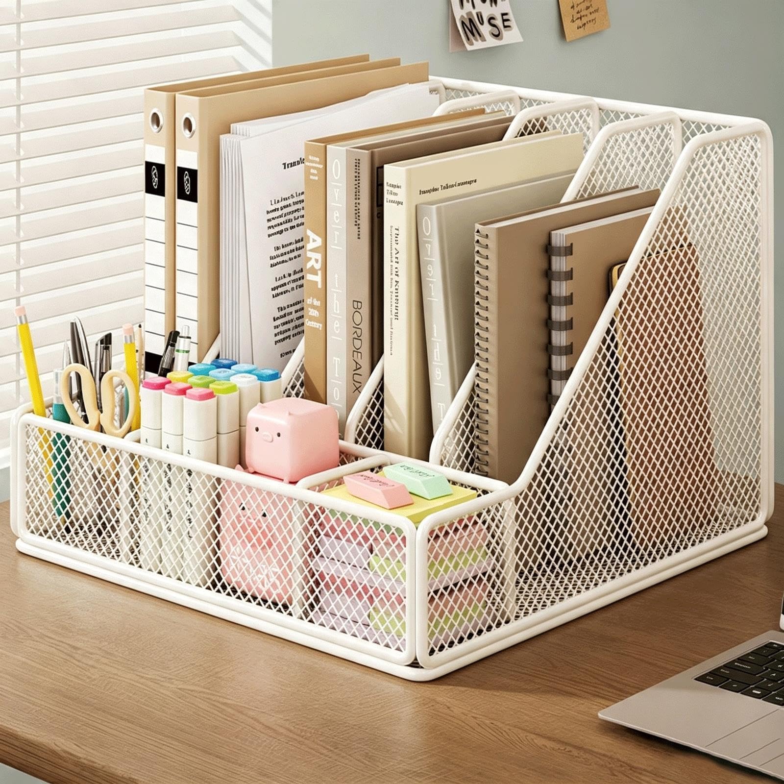 Organizer per documenti in metallo A4, 5 scomparti verticali per riviste, organizer da scrivania con portamatite per ufficio, scuola(White)