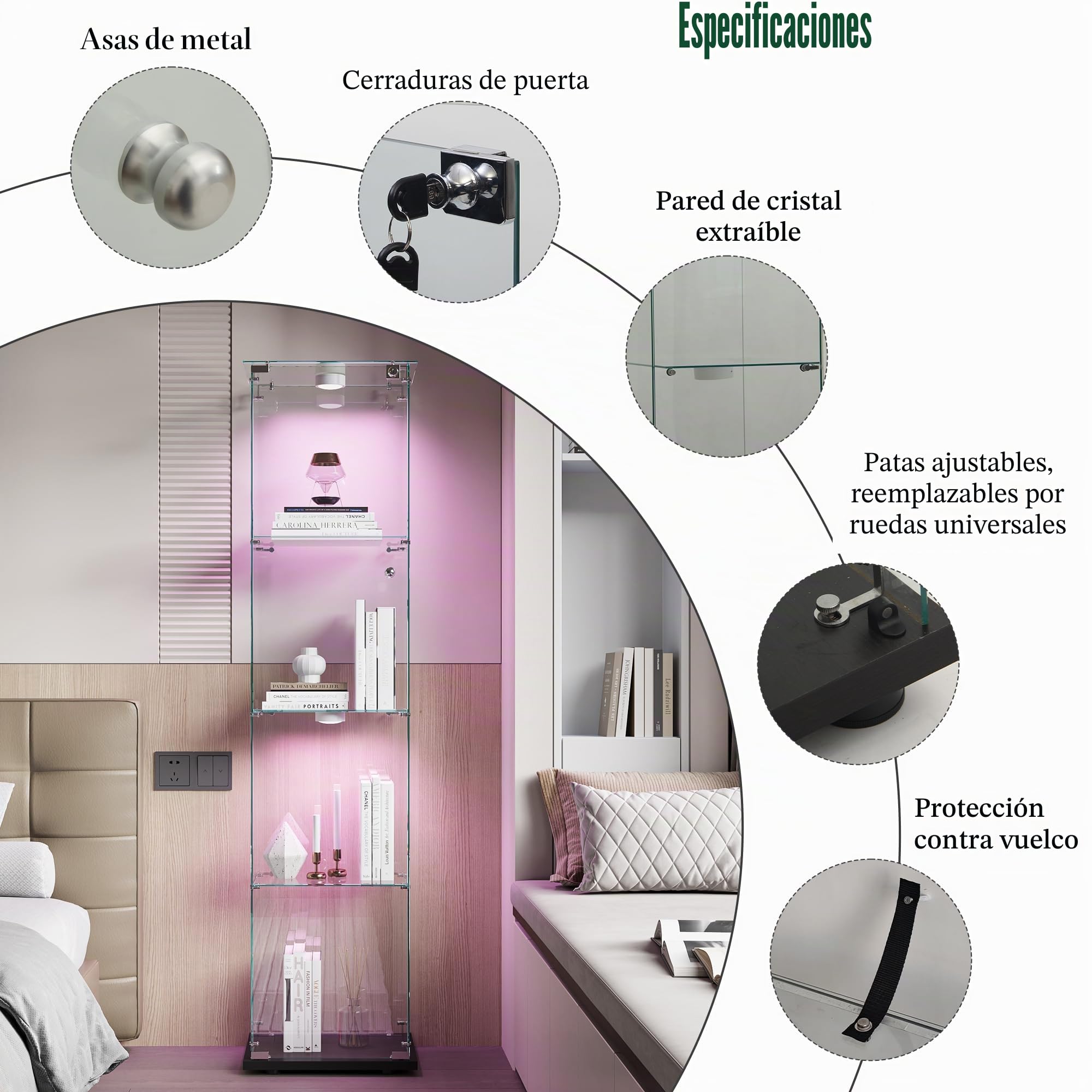 Vitrina Expositora para Colecciones Grande, vitrina de Cristal con luz 163x35x39.8 cm Vitrina Expositora con led 1 Puertas 4 Estantes vitrina expositora transparente (1puerta 4planta, Negro A)