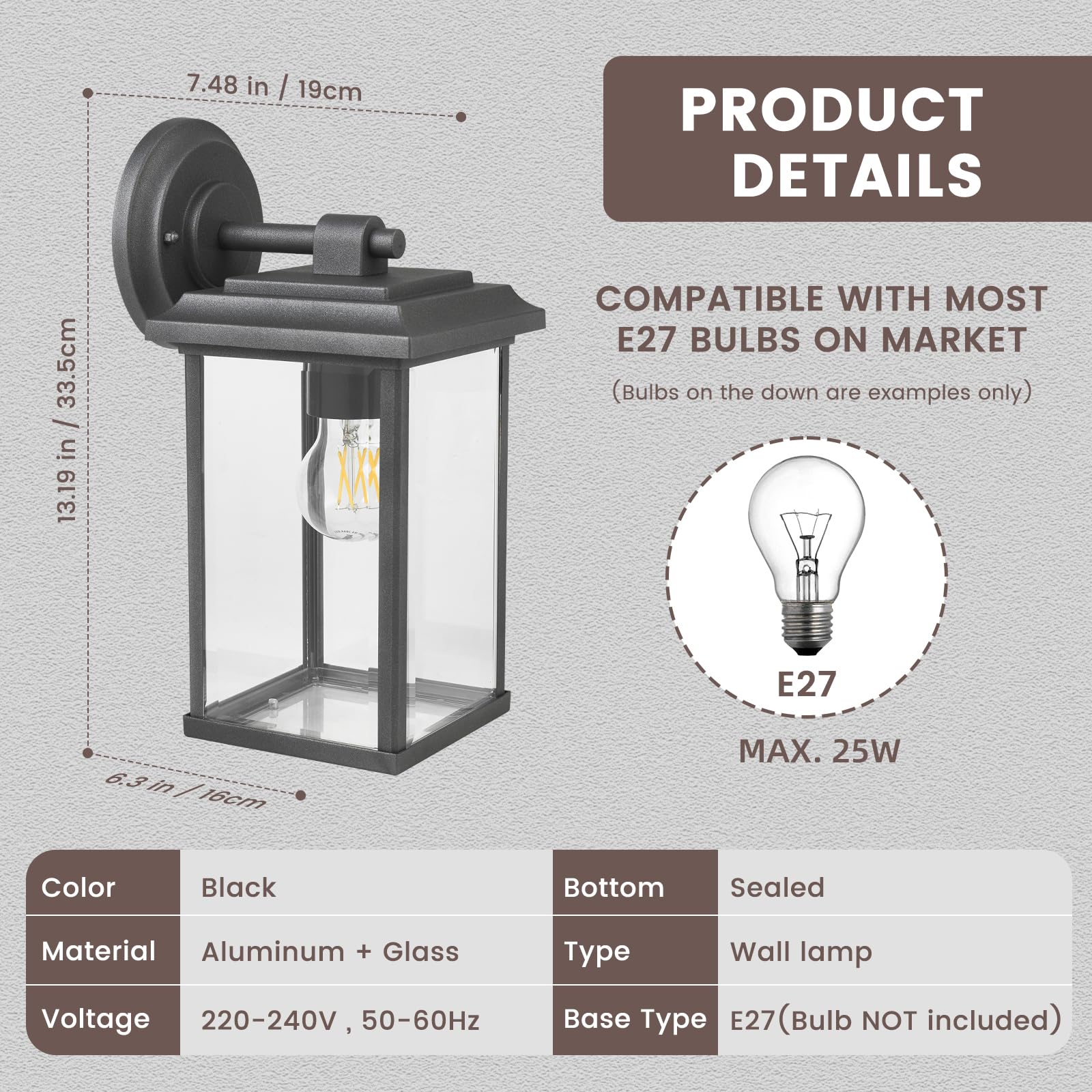 Applique da Parete per Esterni, Lampadina E27 Max 25W (Non Inclusa), IP65 ImpermeabileCorpo in Alluminio, Diffusore in Vetro, Lampada da Esterno a Parete con Paralume in Vetro Trasparente