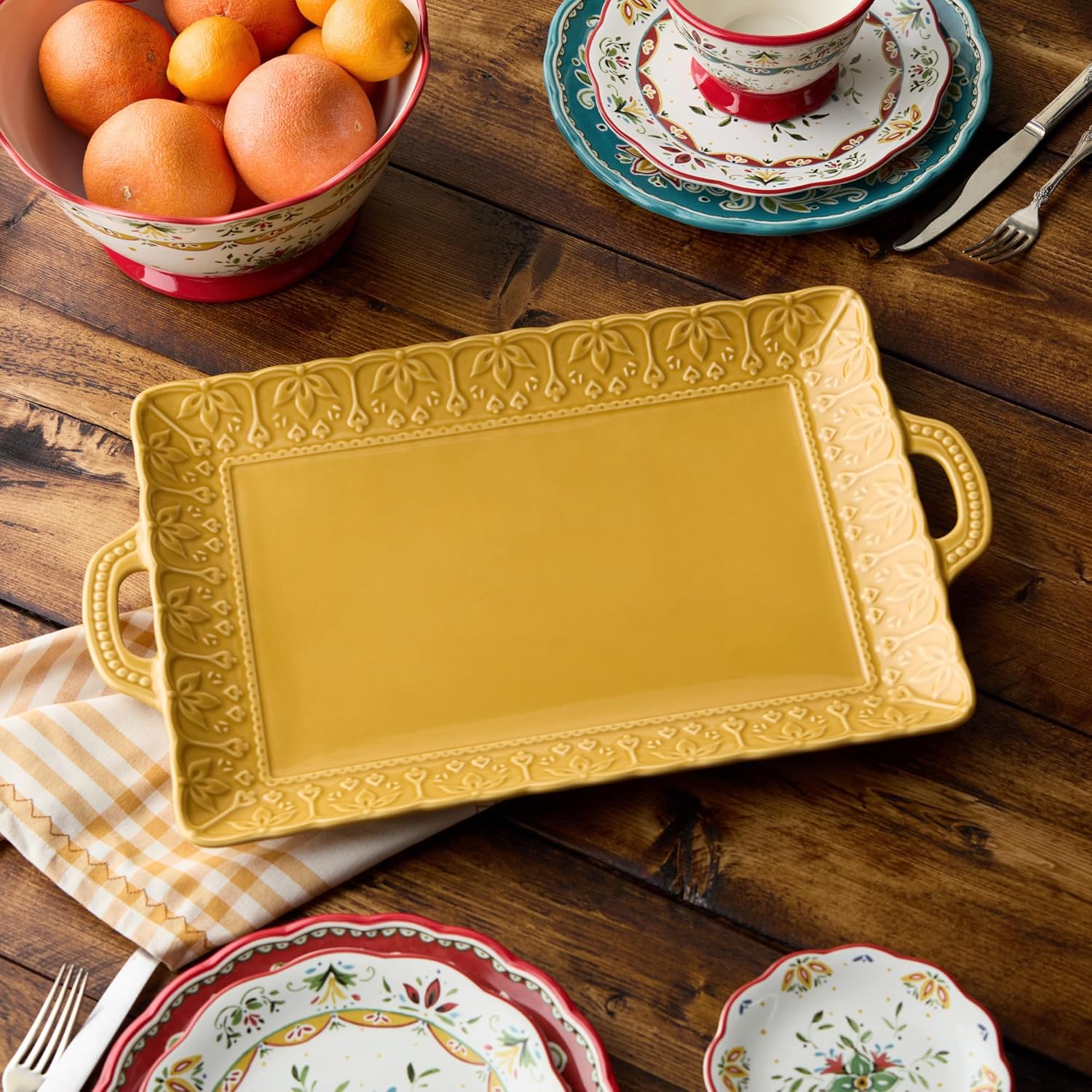 Provence 20-Inch Embossed Rectangular Stoneware Platter with Handles – Old World French Country Style – Large Mustard Yellow Serving Tray for Entertaining & Holidays