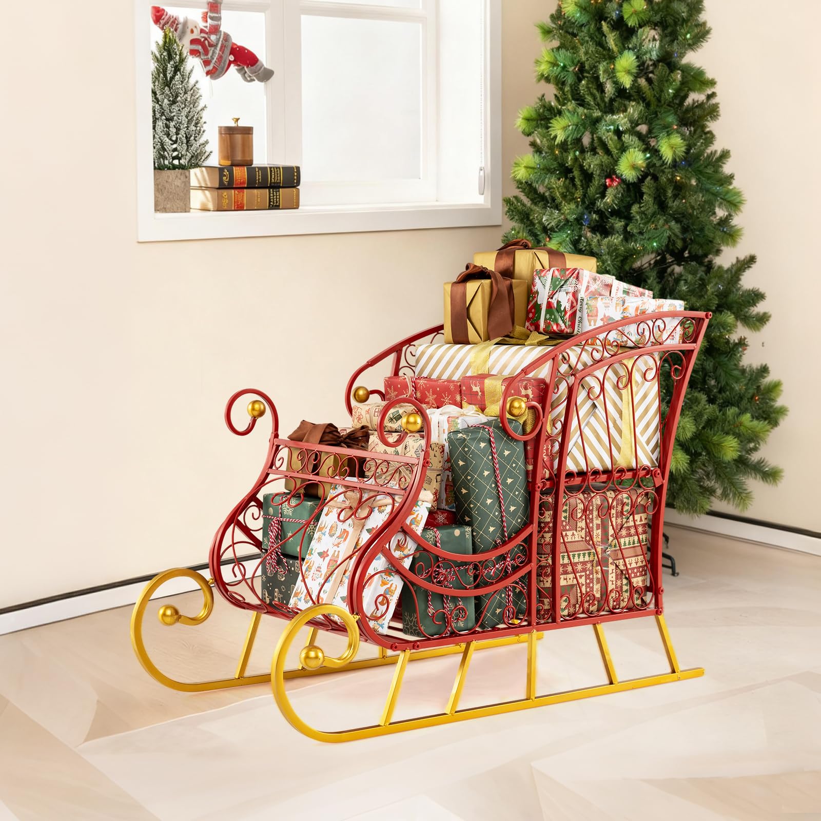 SOARS Decorazioni Natalizie, Slitta Natalizia in Metallo, Ampio Spazio per Regali di Natale, Giocattoli, Stabile, Addobbi Natalizi per Esterno Interno per Casa, Ufficio (85 X 42 X 61,5 CM)
