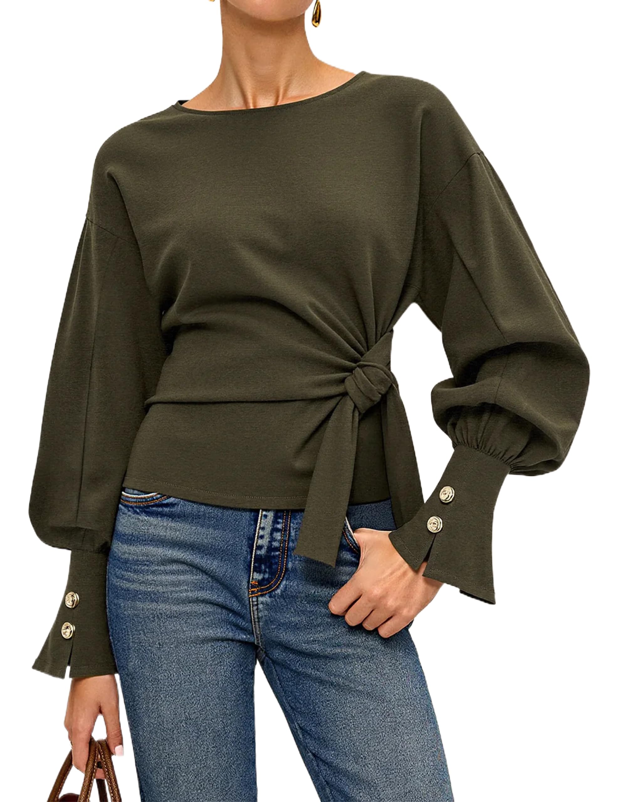 Twist Knot Tie Front Sweatshirt Tops For Women Long Balloon Sleeve Crew Neck Pullover Casual Fall Outfits-image-41