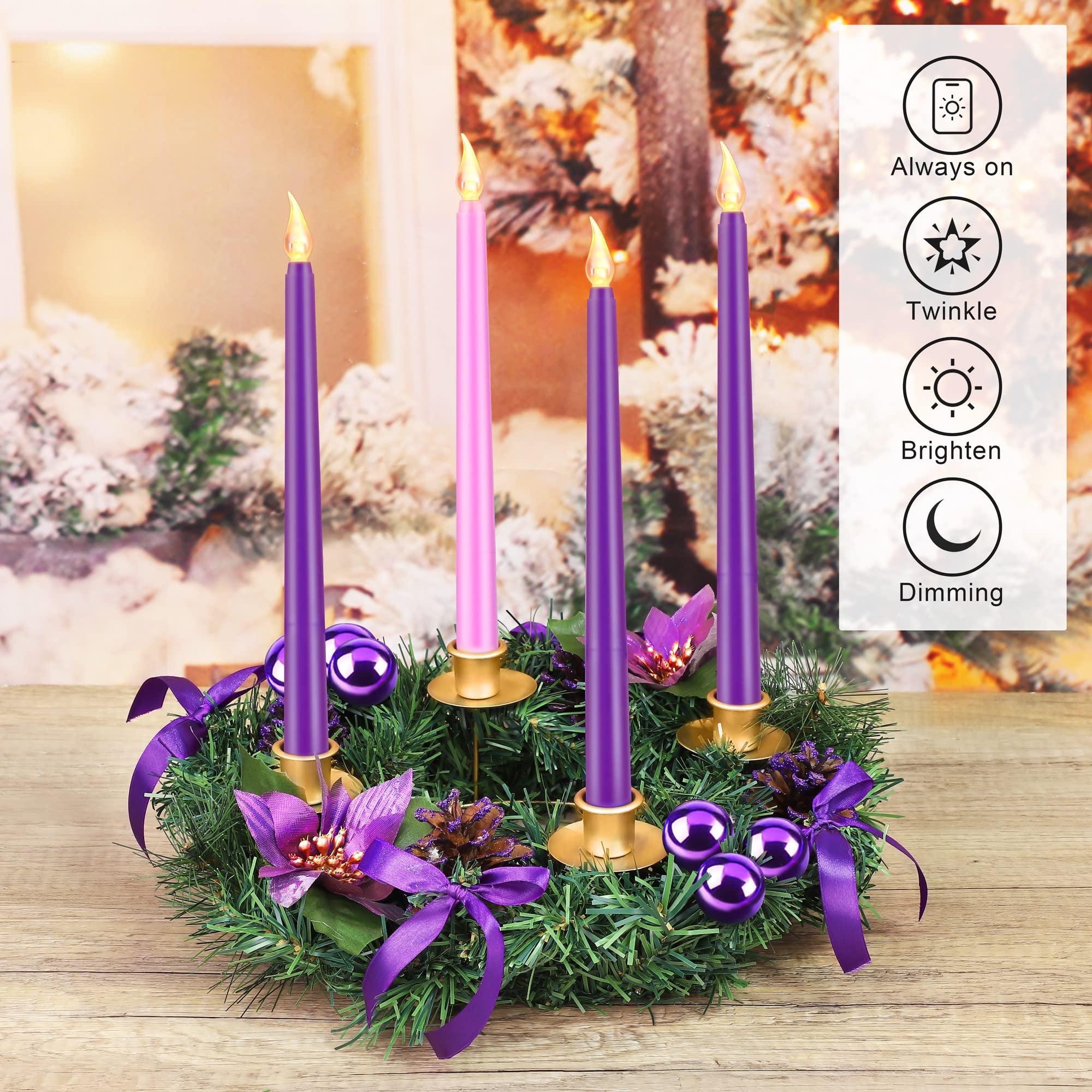Fovths Couronne de l'Avent de 30,5 cm avec 4 bougies coniques sans flamme et télécommande pour décoration de Noël, maison, église, violet