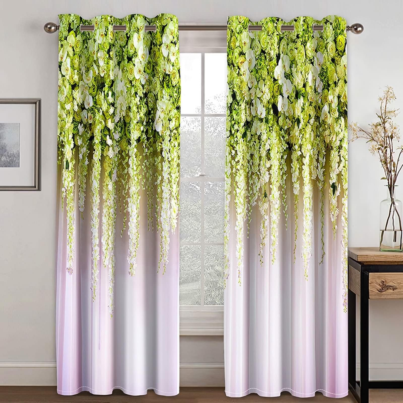 2er Pack Vorhänge Blickdicht Thermo,2 x 102W x 138H cm,Vorhänge mit Ösen Blumen und Blätter Muster Grün Beige Gardine Vorhang für Schlafzimmer