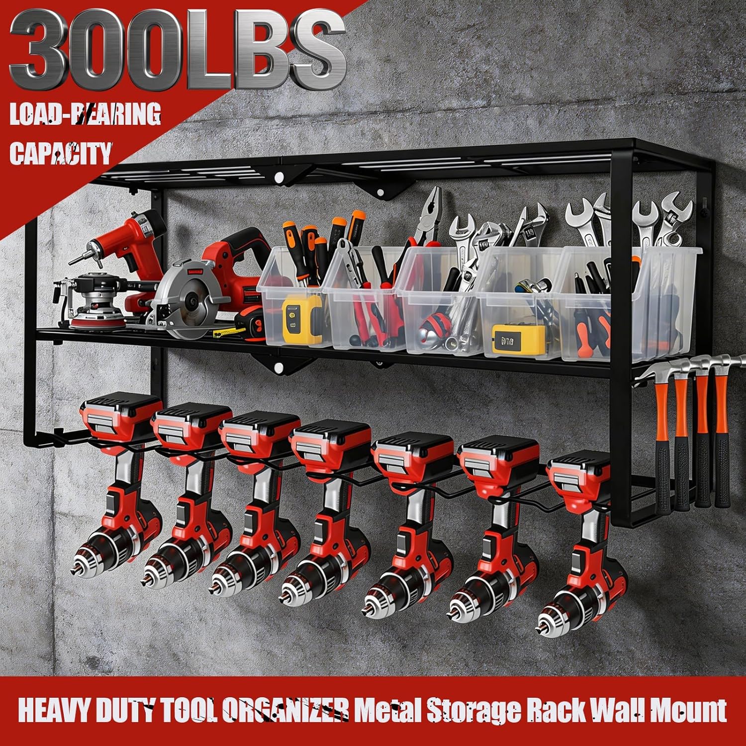 Power Tool Organizer Wall Mount, 3 Layers Drill Holder Rack Charging Station with Adjustable Hooks & 8 Drill Holders, Heavy Duty Garage Storage for Cordless Drills, Tools & Accessories