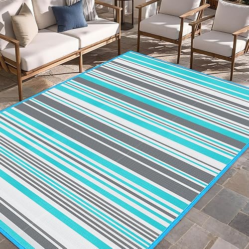 Outdoor Patio Plastic Rug Waterproof Blue and Grey 4x6 ft