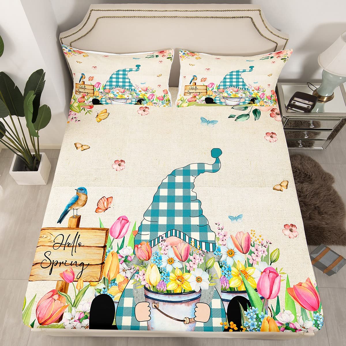 Tulip Gnome Fitted Sheet Full,Butterfly Floral Bed Sheets For Kids Boys Girls,Buffalo Plaid Gnome Sheet Set Home Dorm Decor,Spring Garden Botanical All Season 1 Top Sheet+1 Fitted Sheet+2 Pillowcases