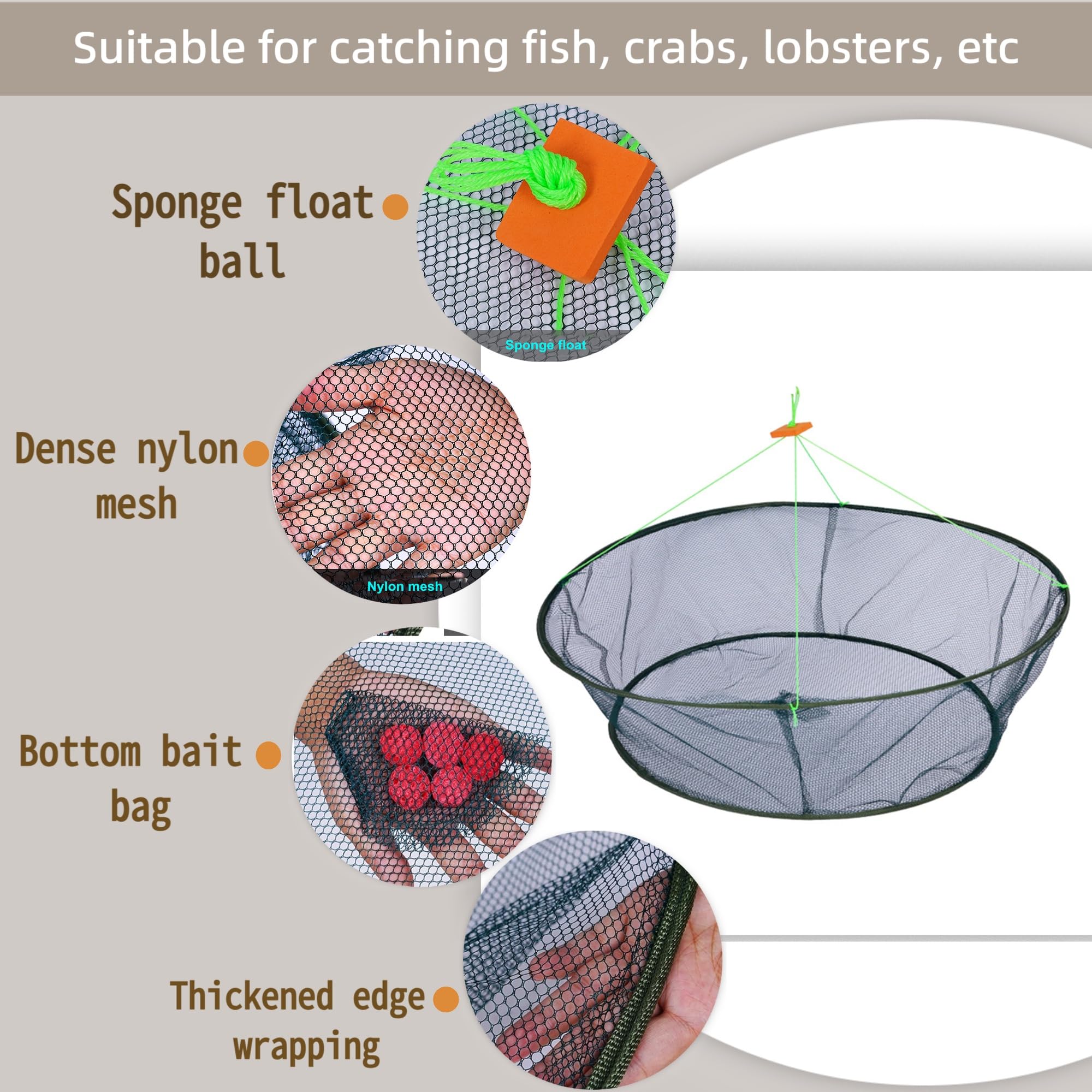 Retino da pesca pieghevole – Retino portatile con corda per ponte/ponte, ideale per pesci, gamberetti, pesciolini, gamberi e granchi