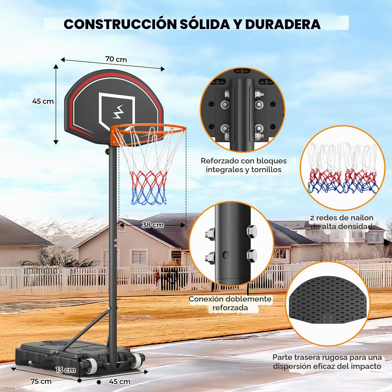 YOLEO Canasta de Baloncesto Exterior Ajustable 110-210 cm Móvil con Ruedas