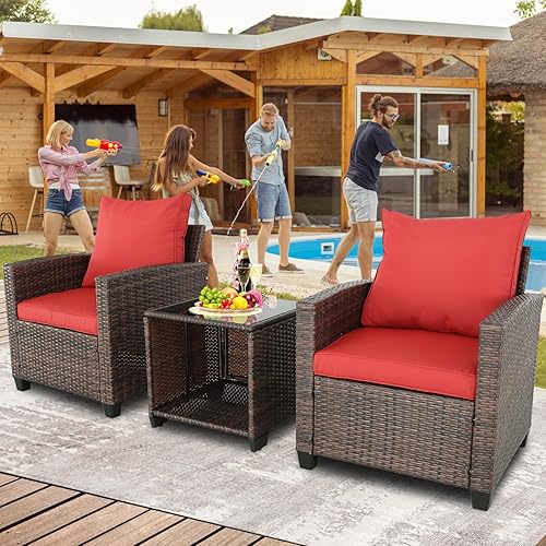 Miniatura 4 de Juego de muebles de patio de ratán para exteriores, juego de conversación seccional para exteriores de 3 asientos, 2 sillas individuales y 2