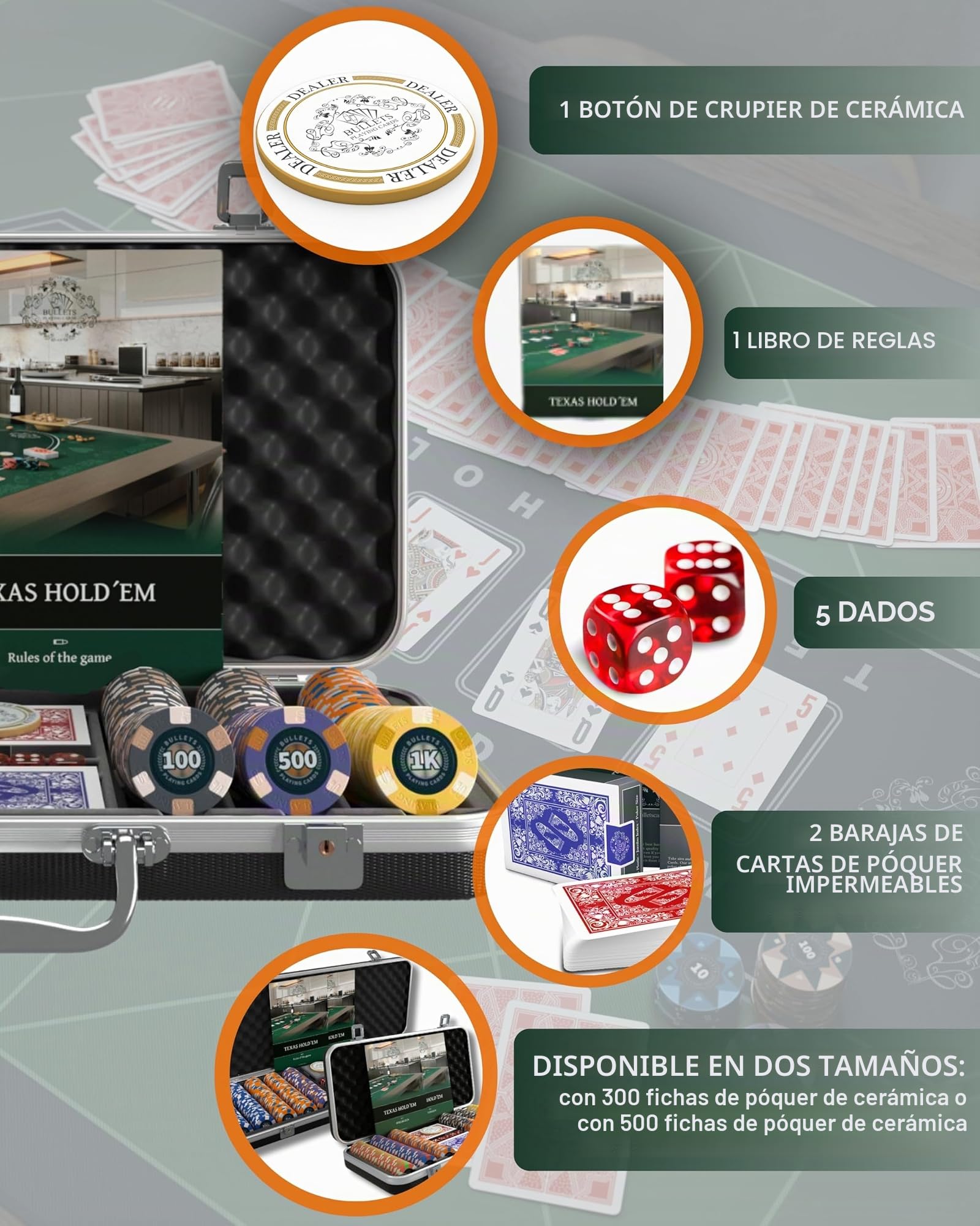 juego de póquer Richie Deluxe, estuche de póquer con 300 fichas de póquer de cerámica con valores impresos, instrucciones de póquer, botones del crupier y cartas de póquer de plástico Bullets