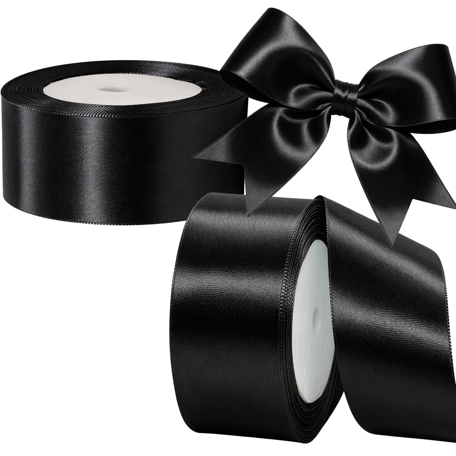 2 Rolls 40mm Black Wide Satin Ribbon for Gift Wrapping, 22m per Roll, 44m Fabric Ribbon for Presents, Crafts, Bows, Bouquets, Wedding and Party Decoration