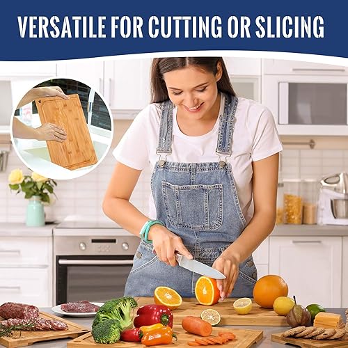 Miniatura 7 de Hiware Juego de 4 tablas de cortar de bambú extra grandes para cocina, tabla de cortar resistente con ranura para jugos, juego de tablas de cortar
