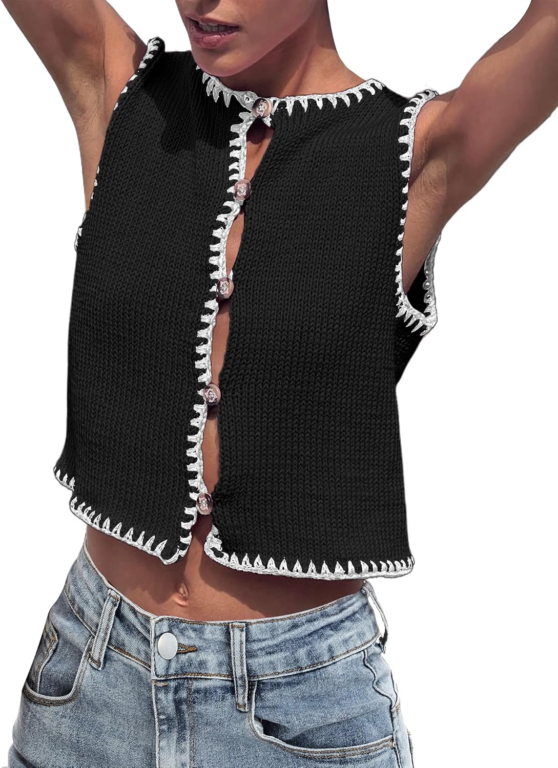 Cioatin Women Colorblock Contrast Button Down Open Crop Sweater Vest