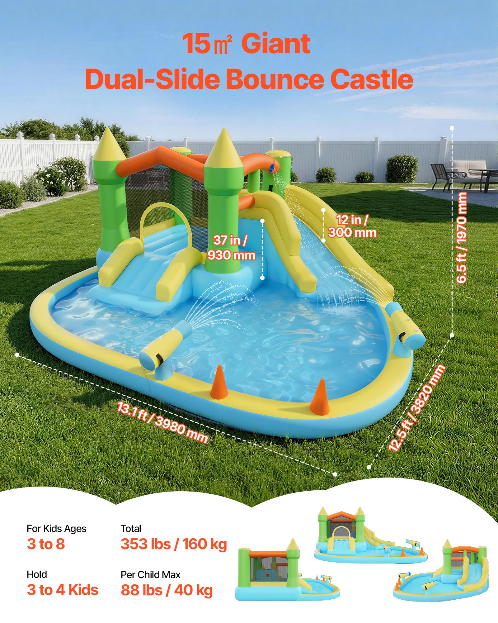 VEVOR Castello Gonfiabile da Esterno per Bambini 382 x 398 x 197 cm con Scivolo Piscina Gioco d'Acqua, Castello Gonfiabile Capienza ca. 3-4 Bambini per Età 3–8 Anni, Carico max. 160 kg