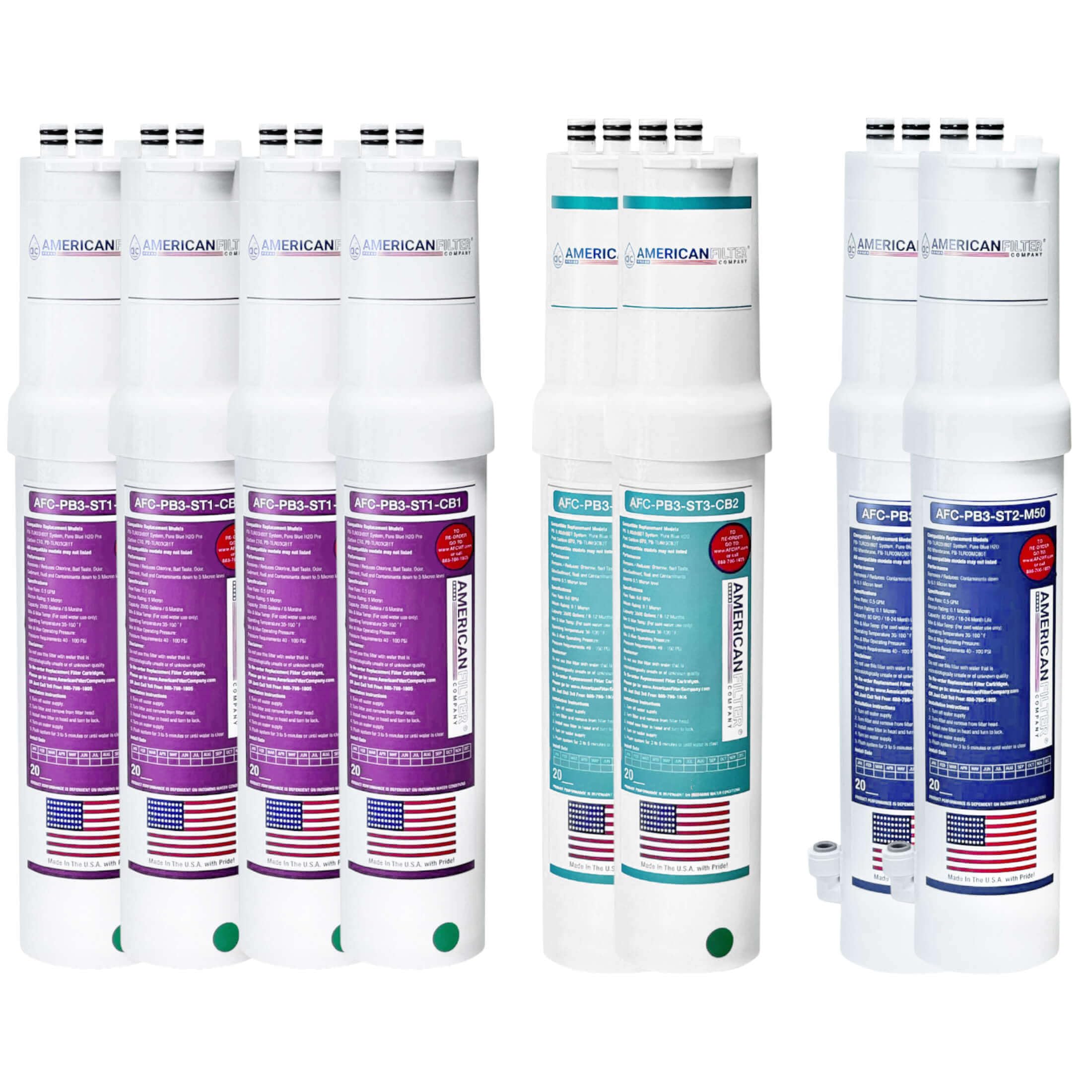 American Filter Company®, #AFC-PB3-2YR-4PR-2GR-2BL-8PK, Compatible with PureBlue H2O® PB-TLRO3H80T Water Filter System - 2 Years Pack (With Membrane)