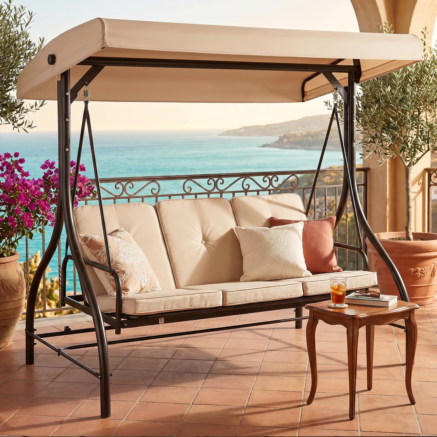 Dondolo Per Terrazzo E Giardino 3 Posti Con Tettuccio Parasole Seduta Reclinabile Convertibile In Letto Struttura Acciaio 195 X 120 X 175 Cm Beige
