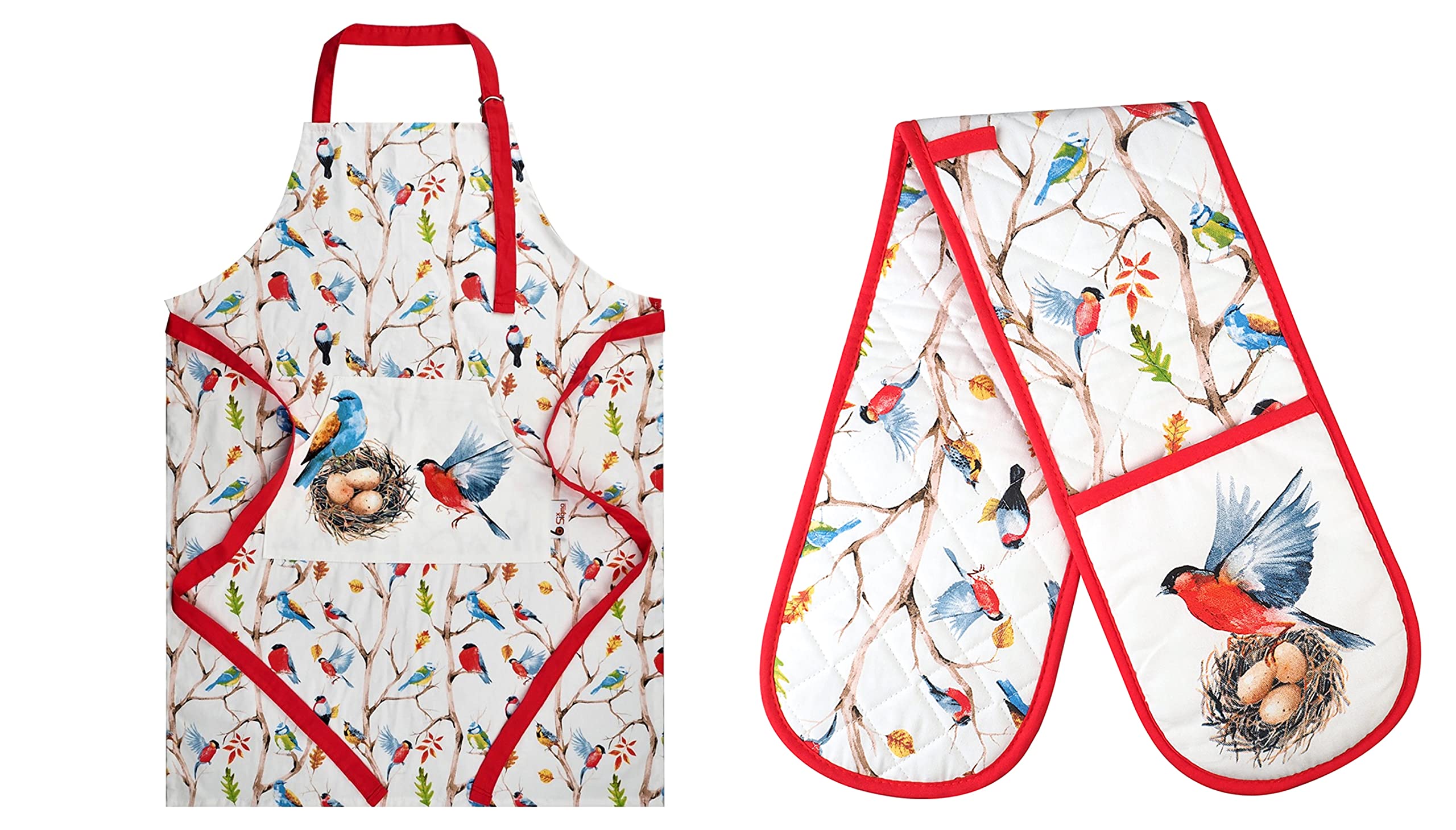 SiXsigma Sports Cooking Chefs Apron With Double Oven Gloves - Quick Dry Kitchen Cotton Aprons For Cooking, Baking & BBQ Grill - Perfect Mothers Day Gifts For Baking Lovers (White Red - Birds)