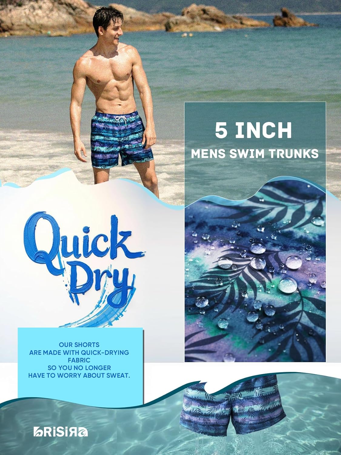 BRISIRA Mens Swim Trunks 5 Inch Compression Liner Beach Swim Shorts Bathing Suit Quick Dry 4-Way Stretch Pockets - Image 3