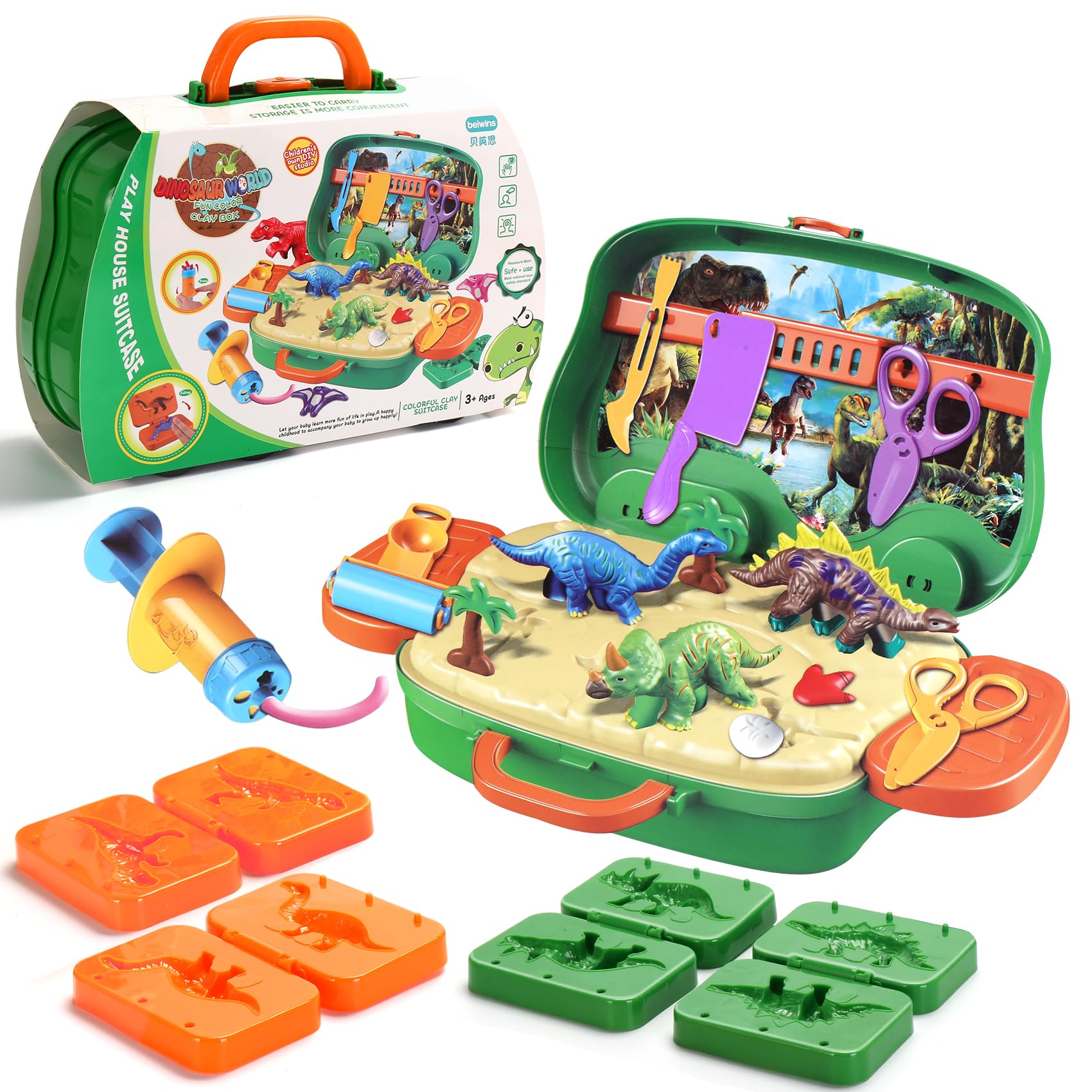 DIY Play Dough Dinosaur Toys Clay Pretend Play Set with Molds Dinosaur Toys Kids in a Portable Suitcase for Boys and Girls
