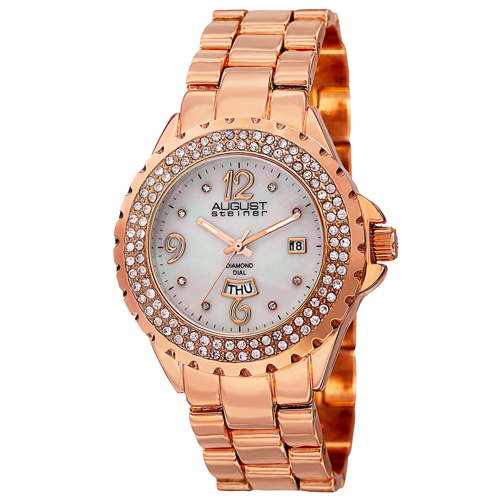 Women's Crystal Bezel Fashion Watch - White Mother of Pearl Diamond Dial with Big Number Hour Markers + Bonus Day of Week and Date Window on Bracelet
