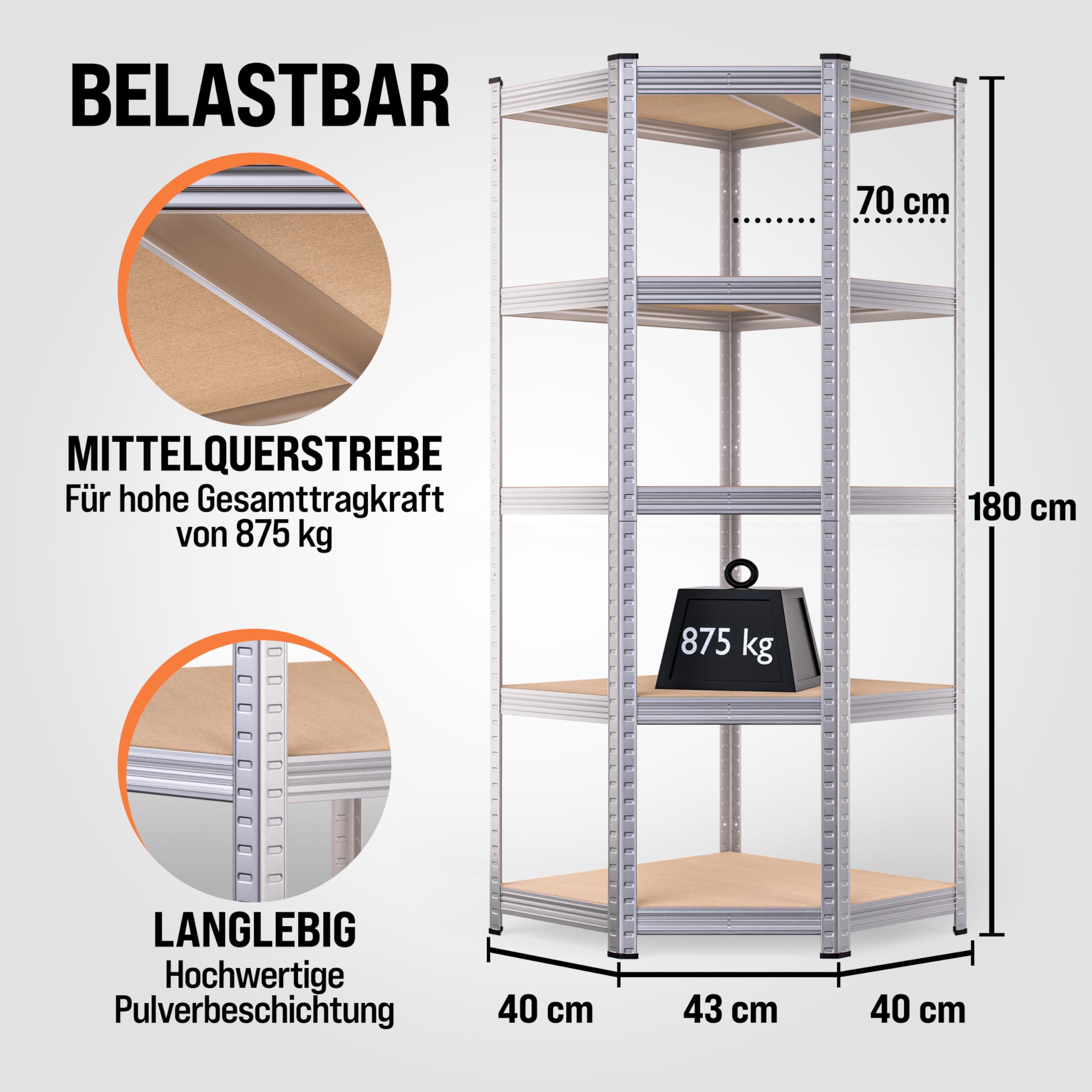 Monzana® Eckregal Lagerregal 180x70x40cm 875 kg 5 MDF-Platten Regal Schwerlastregal Kellerregal Steckregal Werkstattregal