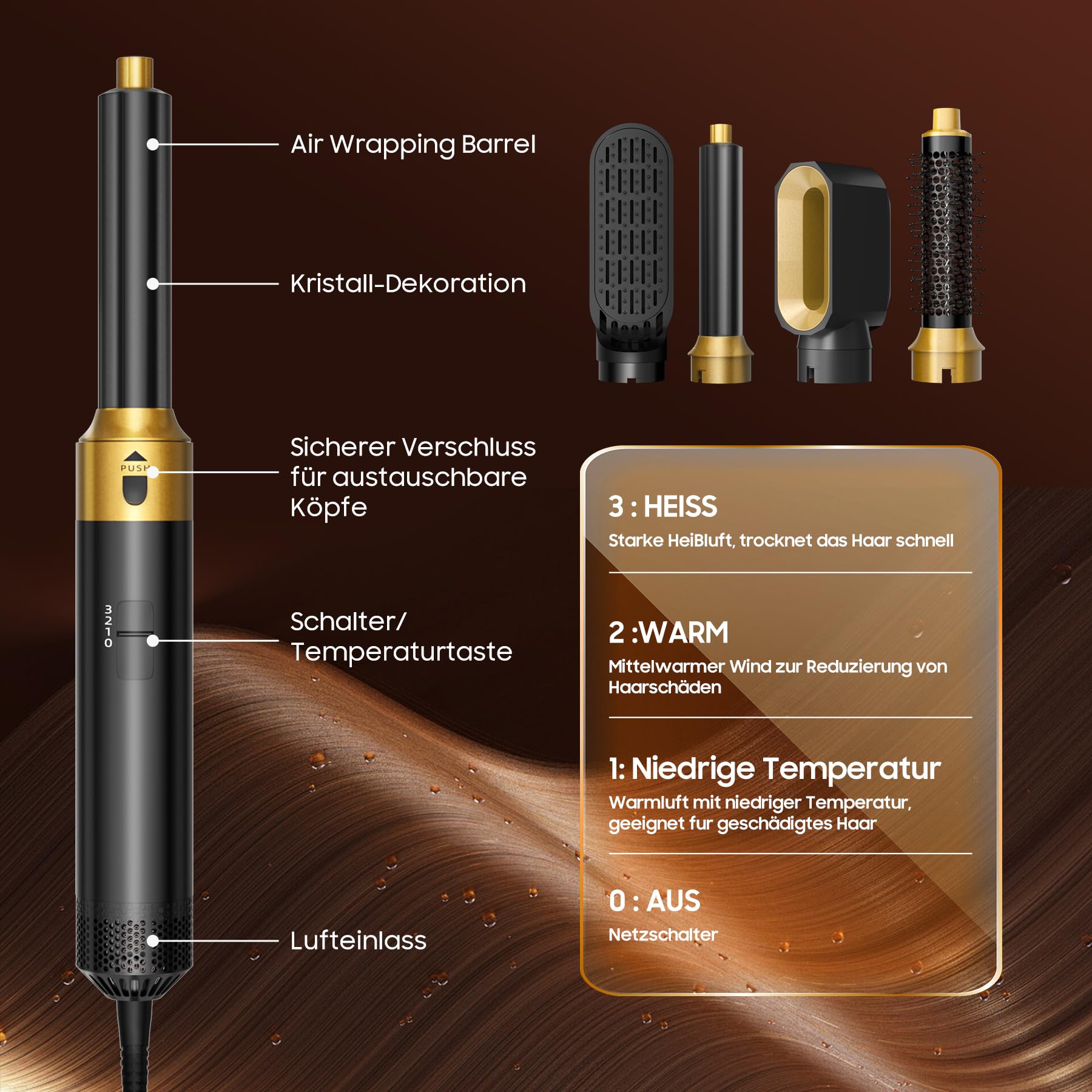Hair Styler Set Airstyler 5 in 1 con spazzola rotonda per capelli, spazzola ad aria calda, spazzola termica Airflow, ferro arricciacapelli automatico, volume spazzola per asciugacapelli, per