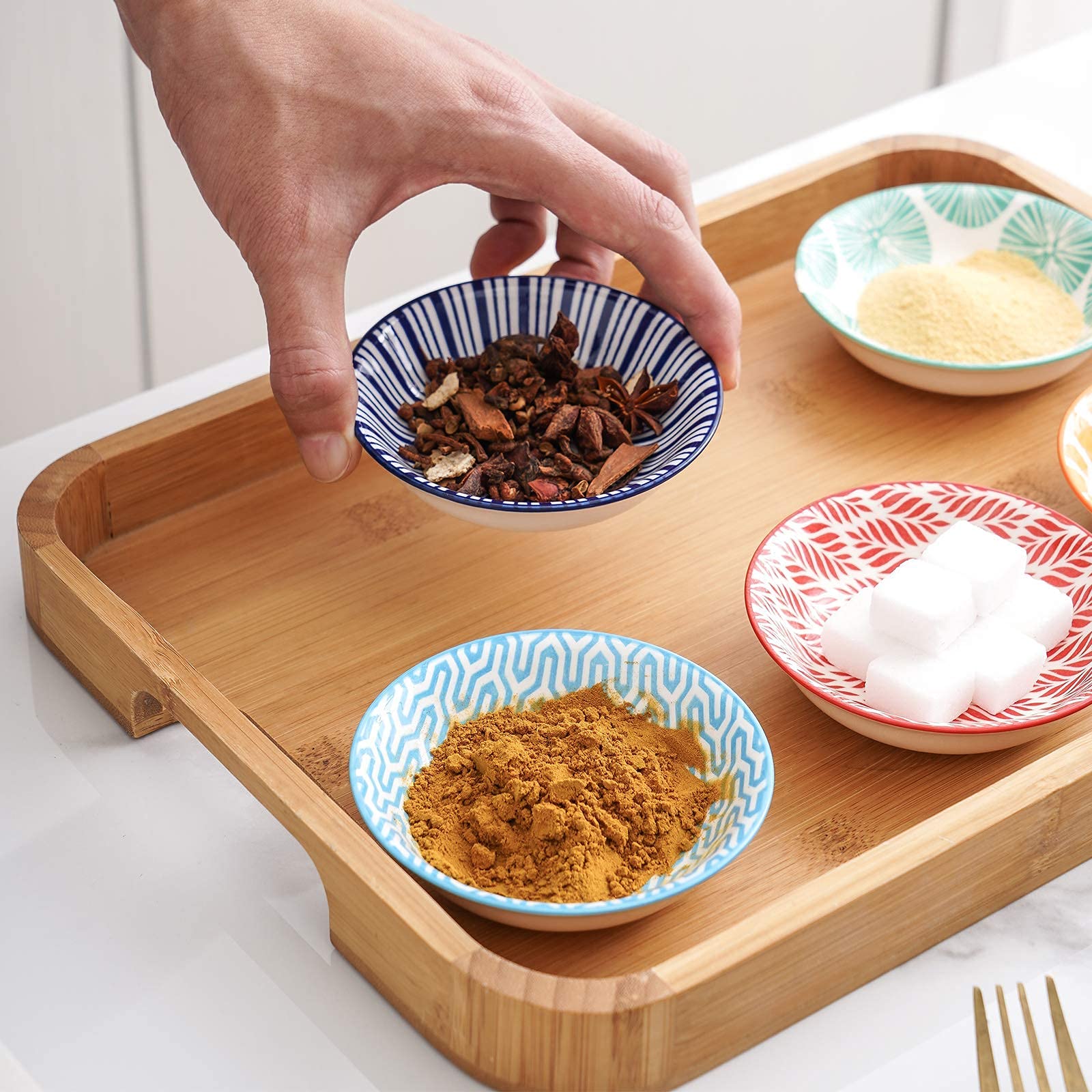 KitchenTour - Juego de 6 cuencos redondos para salsa, condimentos, sushi, aperitivo, postre, diseño único