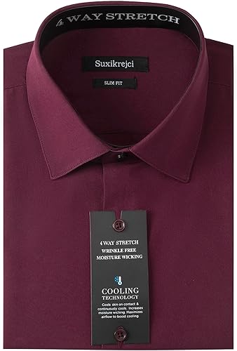 Miniatura 2 de Suxikrejci Camisas de vestir para hombre, manga larga, ajustadas, elásticas, absorben la humedad, refrescantes, sin arrugas, camisa sólida con