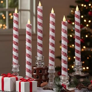 6 Pcs 10.6 Inch Christmas Flameless Taper Candles, Candy Cane Red & White Stripes Flickering LED Candles Battery Operated for Xmas Centerpiece, Holiday Party, Wedding, Home Decoration