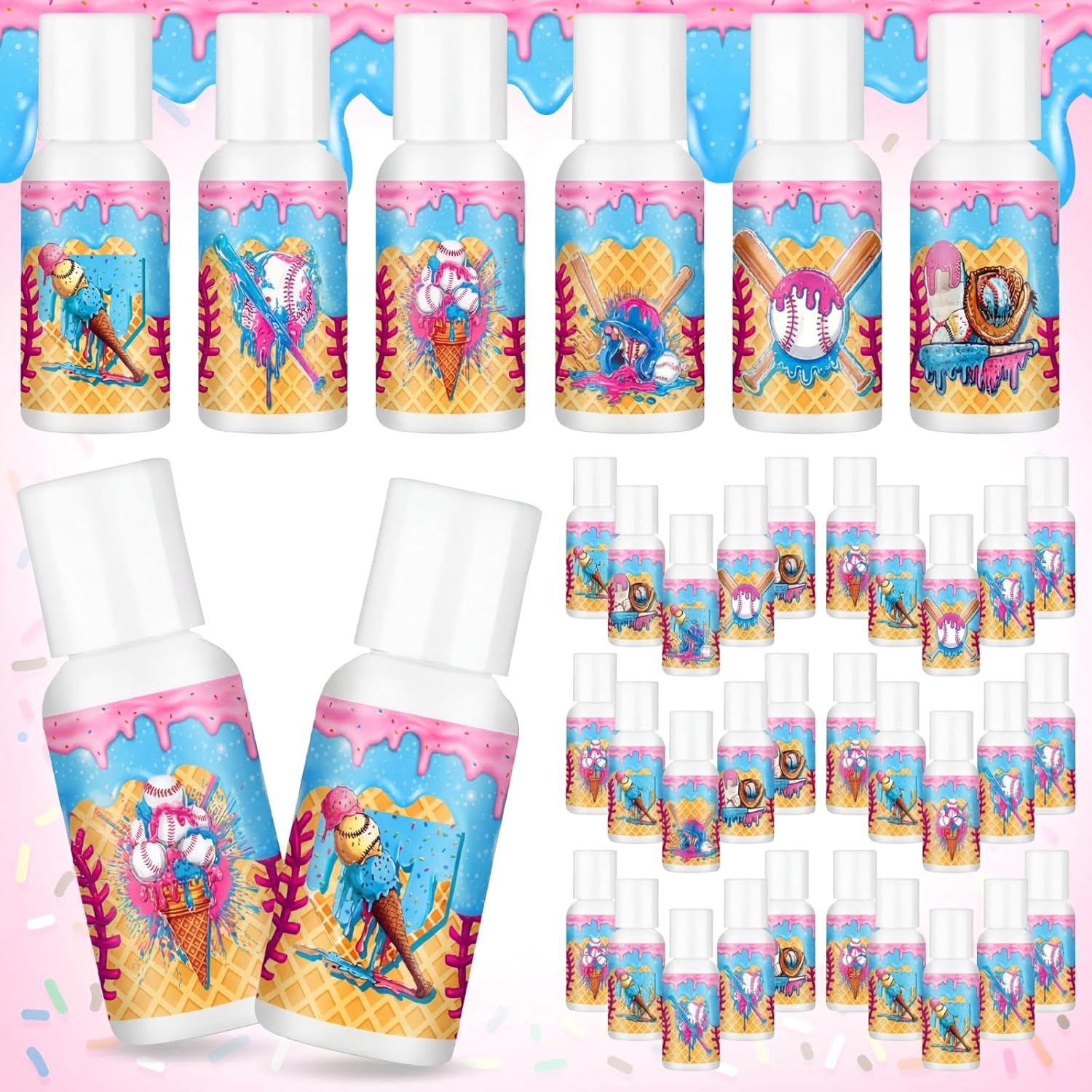24 Pcs Travel Size Mini Sunscreen Bulk SPF30+ Ice Cream Drip Party Favors Small Sunscreen Sun Protection Stuff for Birthday Sports Coach Team Coach Team Appreciation Gift, 1 Fl. oz(Drip Baseball Gear)