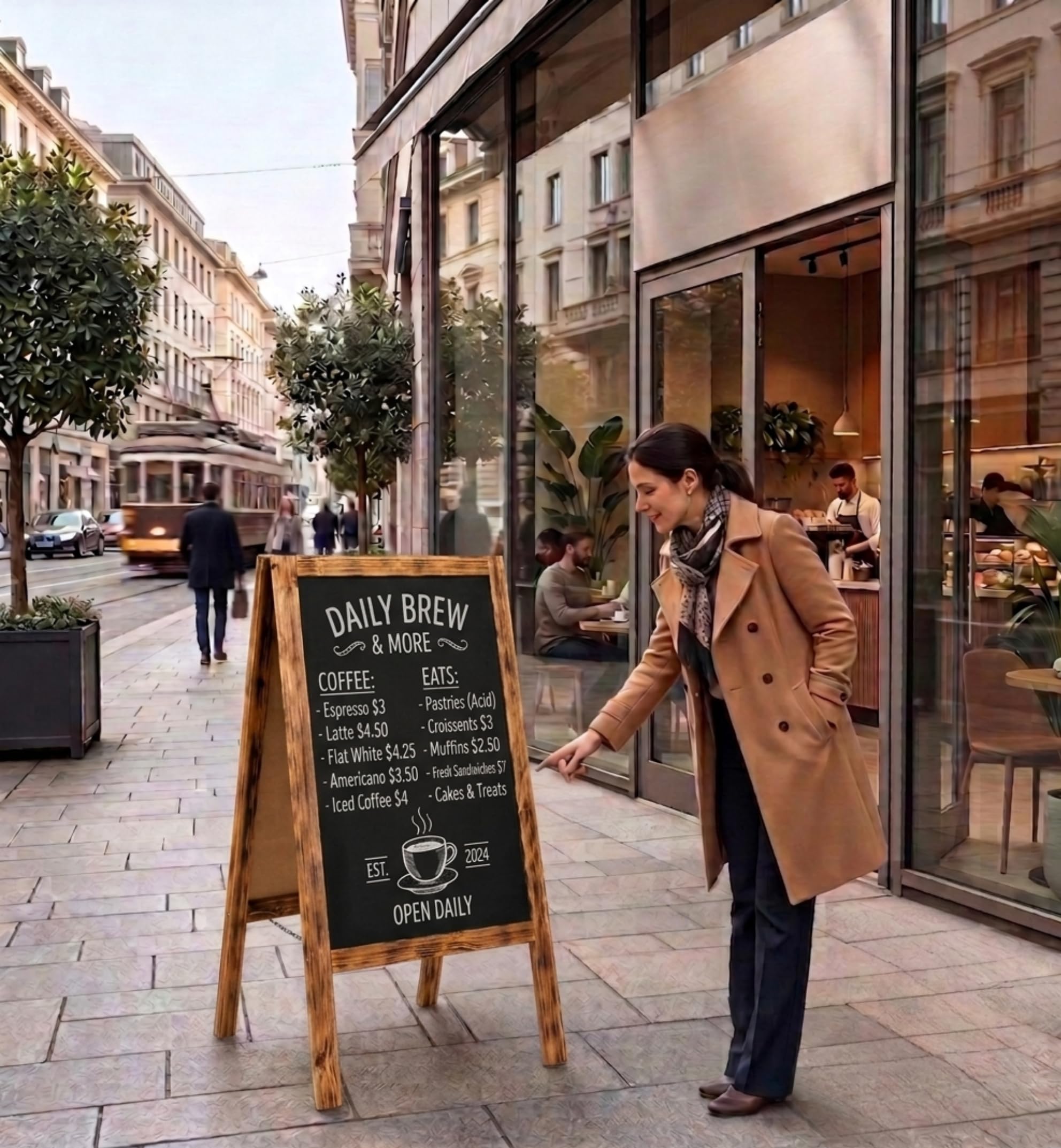 VELORA H&L Pizarra Caballete 60 x 120 cm Madera Quemada – Pizarra Doble Cara de Madera para Bar Restaurante Cafetería y Comercio, Caballete Publicitario Plegable para Exterior, Pizarra de Menú