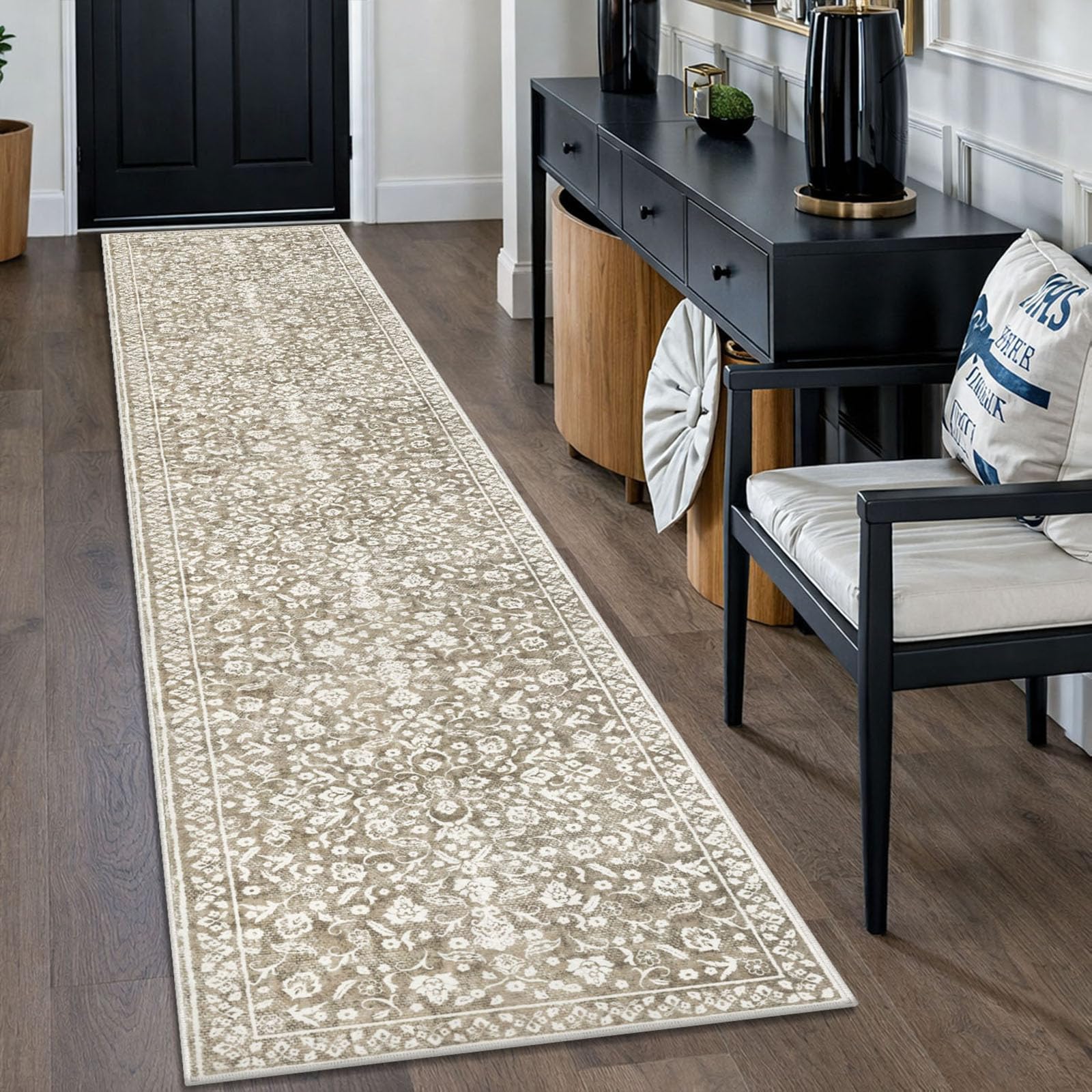 SILOLOOM Vintage Runner Rugs for Hallway 2x10, Beige Taupe Washable Long Hallway Runner Rug Non Slip, Super Soft Kitchen Runner Rug, Print Faux Wool